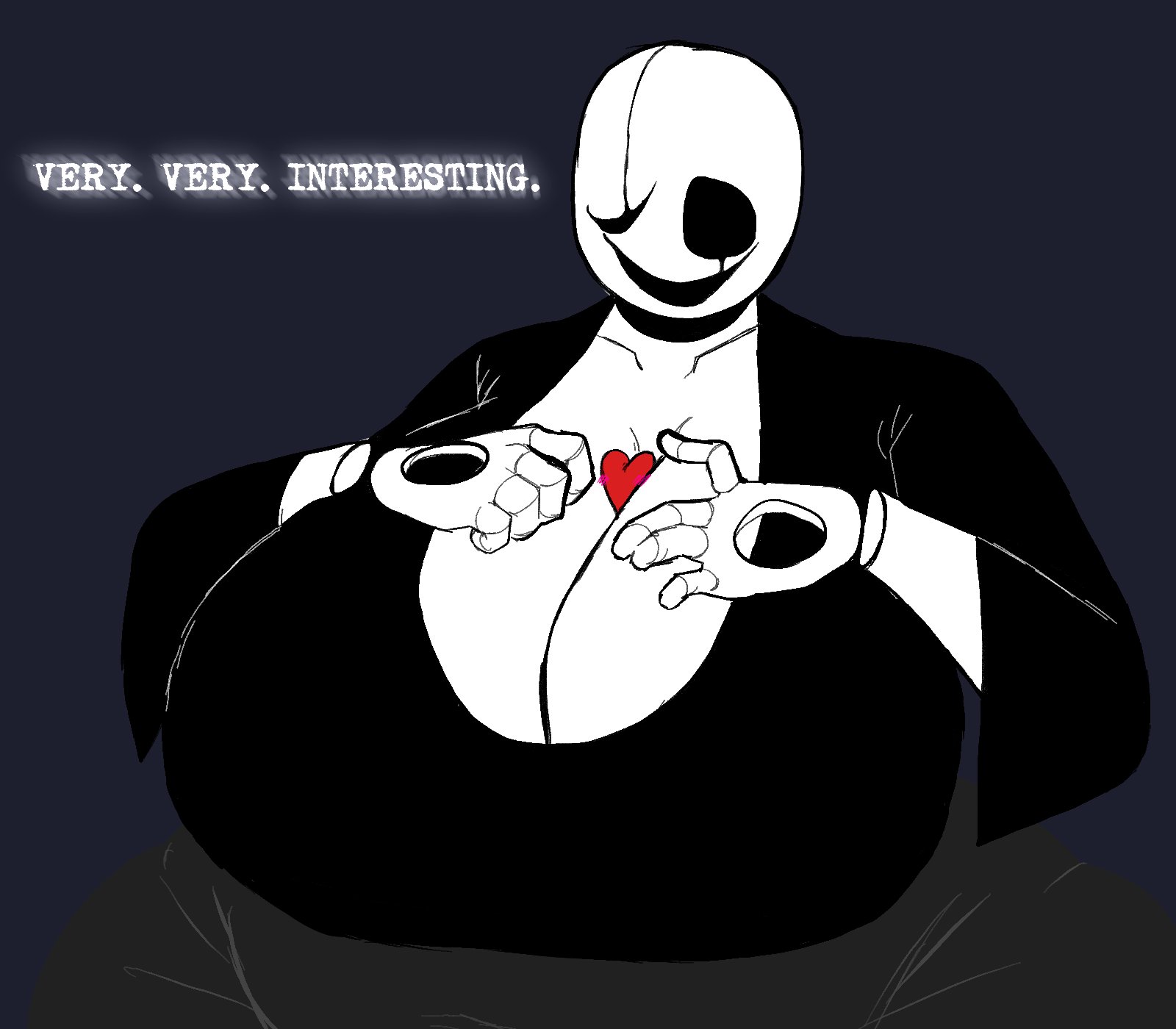 belly, belly button, between breasts, black dress, cleavage, fat female, fem gaster, female, floating hands, gaster, gaster (undertale), huge breasts, huge thighs, silkvv0dka, sketch, soul (undertale), tagme, text, tight clothing, tight dress, undertale, undertale (series), white body