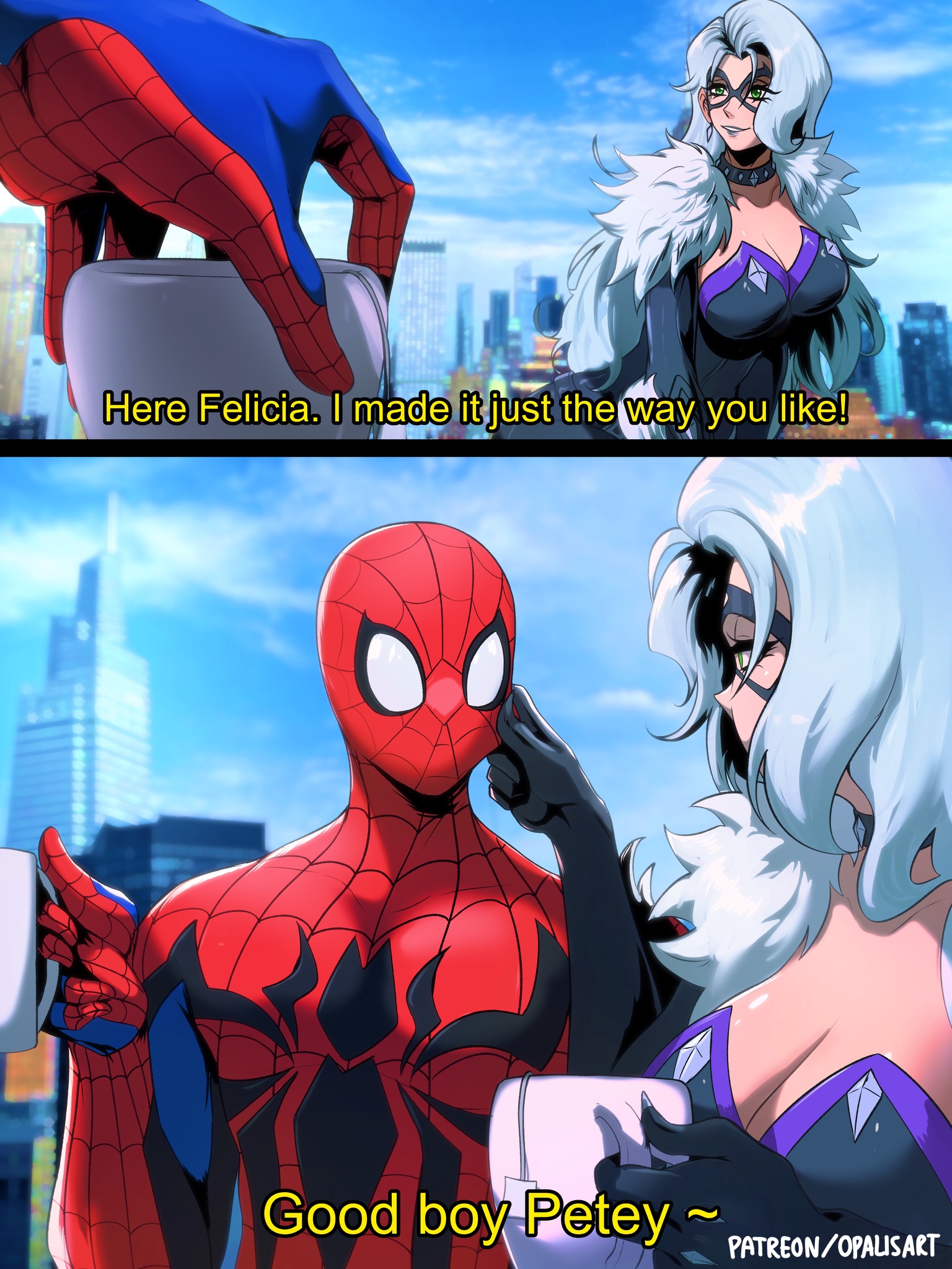 1boy, 1boy1girl, 1girl1boy, 1girls, 2026, 2d, big breasts, black cat (marvel rivals), black cat (marvel), bodysuit, breasts, choker, city, city background, cityscape, collar, comic, comic panel, couple, couple (romantic), couple love, couple sex, couples, curvaceous, curvaceous body, curvaceous female, curvaceous figure, curvy, curvy body, curvy female, curvy figure, dialogue, felicia hardy, female, green eyes, hips, huge breasts, large breasts, light skin, light-skinned female, love, lovers, lovers moment, male, marvel, marvel comics, marvel rivals, massive breasts, netease games, opalisart, peter parker, pinching cheeks, romantic, rooftop, seductive, seductive look, skin tight, spider-man, spider-man (marvel rivals), spider-man (series), superhero, superhero couple, superheroine, tagme, tea, tea cup, text, thick, thick breasts, thick hips, thick thighs, tight clothes, tight clothing, voluptuous, voluptuous female, white fur, white hair, wholesome, wholesome end, wide hips