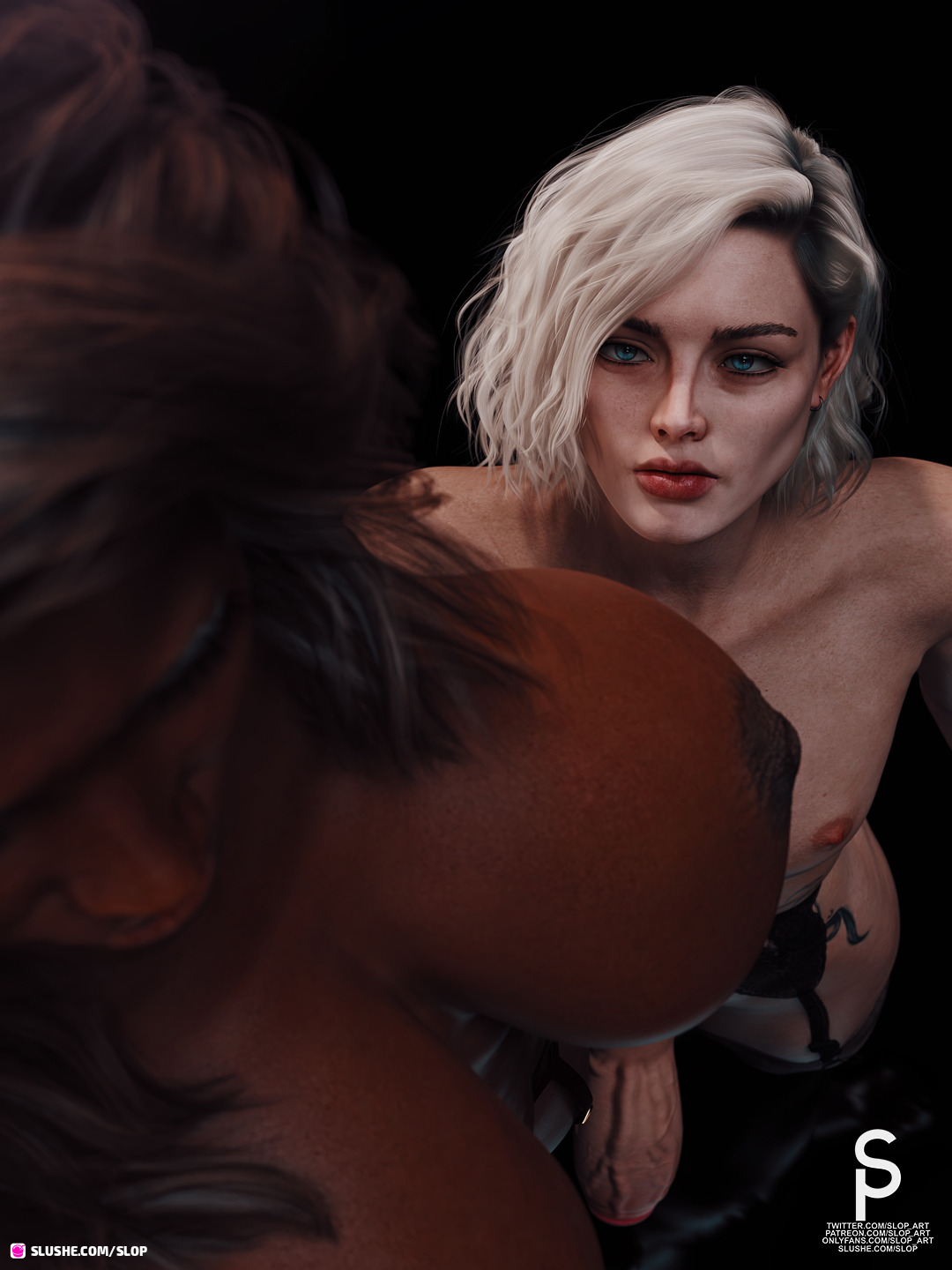 3d, black areola, black hair, blonde hair, dark skin, dark-skinned futa, femboy, futadom, futanari, garter belt, huge cock, intersex, male, penis