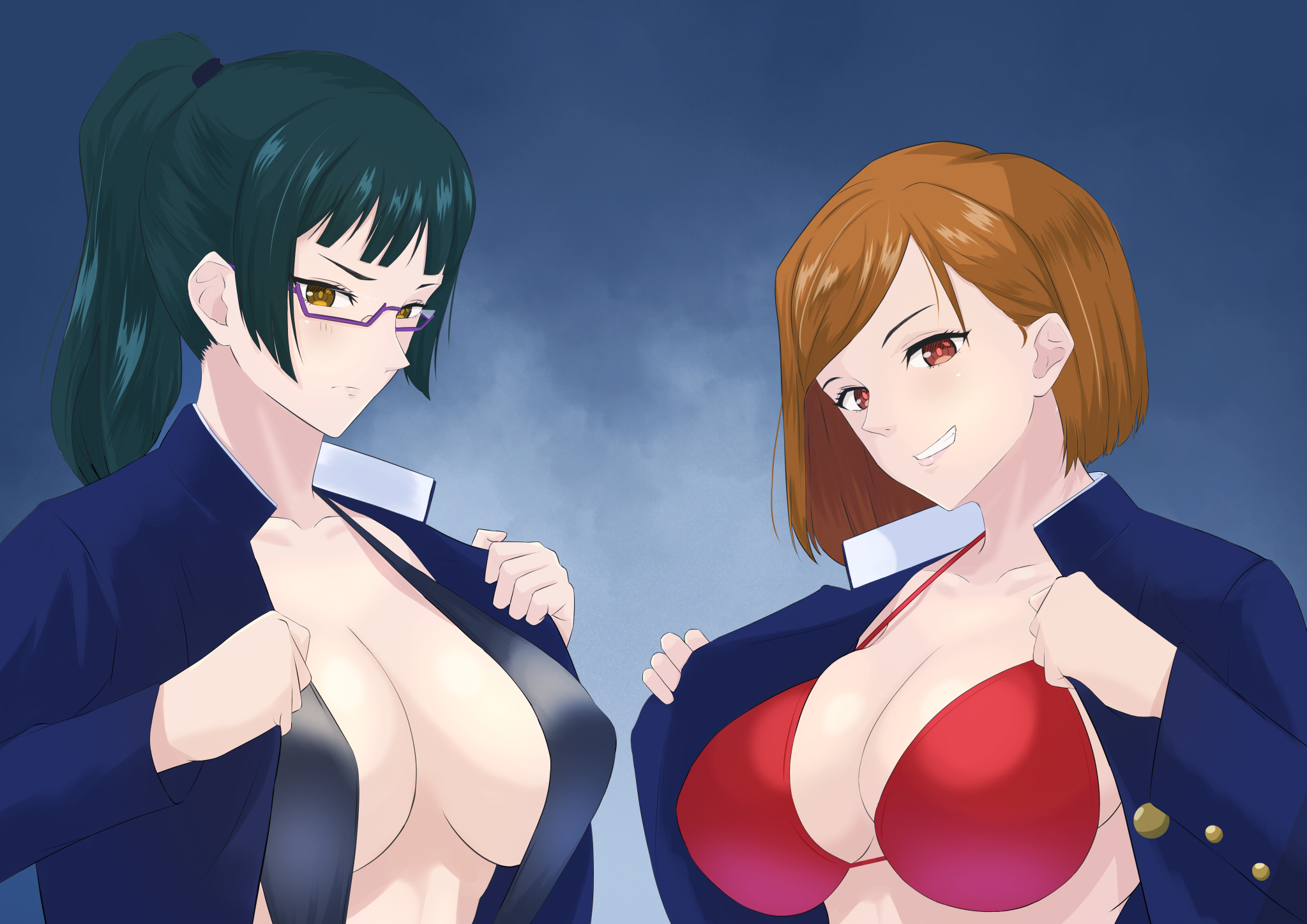 2girls, artist request, blue background, blush, bra, breasts, breasts out, brown hair, brown-haired female, cleavage, female, female only, glasses, green hair, green-haired female, height difference, jujutsu kaisen, kugisaki nobara, large breasts, long hair, looking at viewer, plain background, ponytail, presenting, presenting breasts, red eyes, shirt, shirt pull, short hair, smirk, teenager, teeth, unbuttoned, unbuttoned shirt, undressing, upper body, yellow eyes, zenin maki