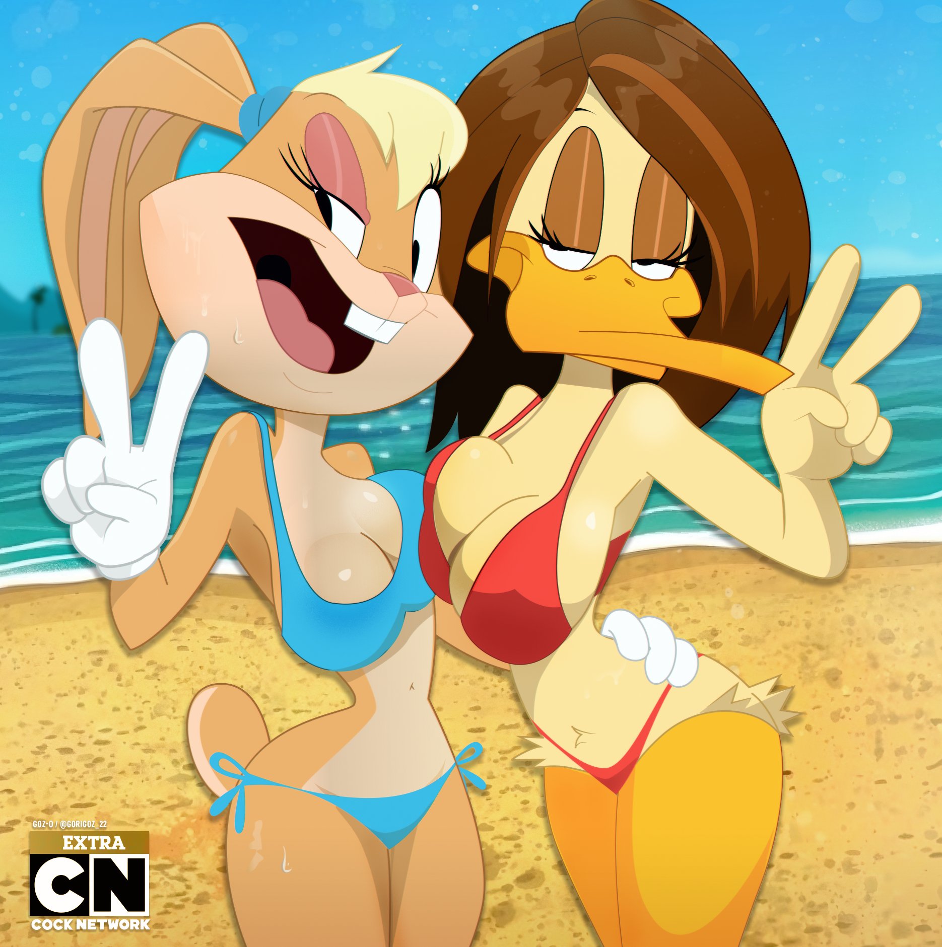 2026, 2d, 2d (artwork), 2d artwork, 2girls, accurate art style, accurate body type, anatid, anseriform, anthro, avian, beach, beak, big breasts, bikini, bikini bottom, bikini top, bird, bird girl, blonde female, blonde hair, blonde hair female, blonde-haired female, breasts, brown hair, brown hair female, bunny, bunny ears, bunny girl, digital art, digital drawing (artwork), digital media (artwork), duck, duo, female, furry, furry female, gloves, gosgoz, light brown fur, lola bunny, lola bunny (redesign), looney tunes, on model, peace sign, rabbit, rabbit ears, rabbit girl, rabbit tail, swimsuit, tagme, the looney tunes show, tina russo, toony, warner bros, warner brothers, yellow feathers