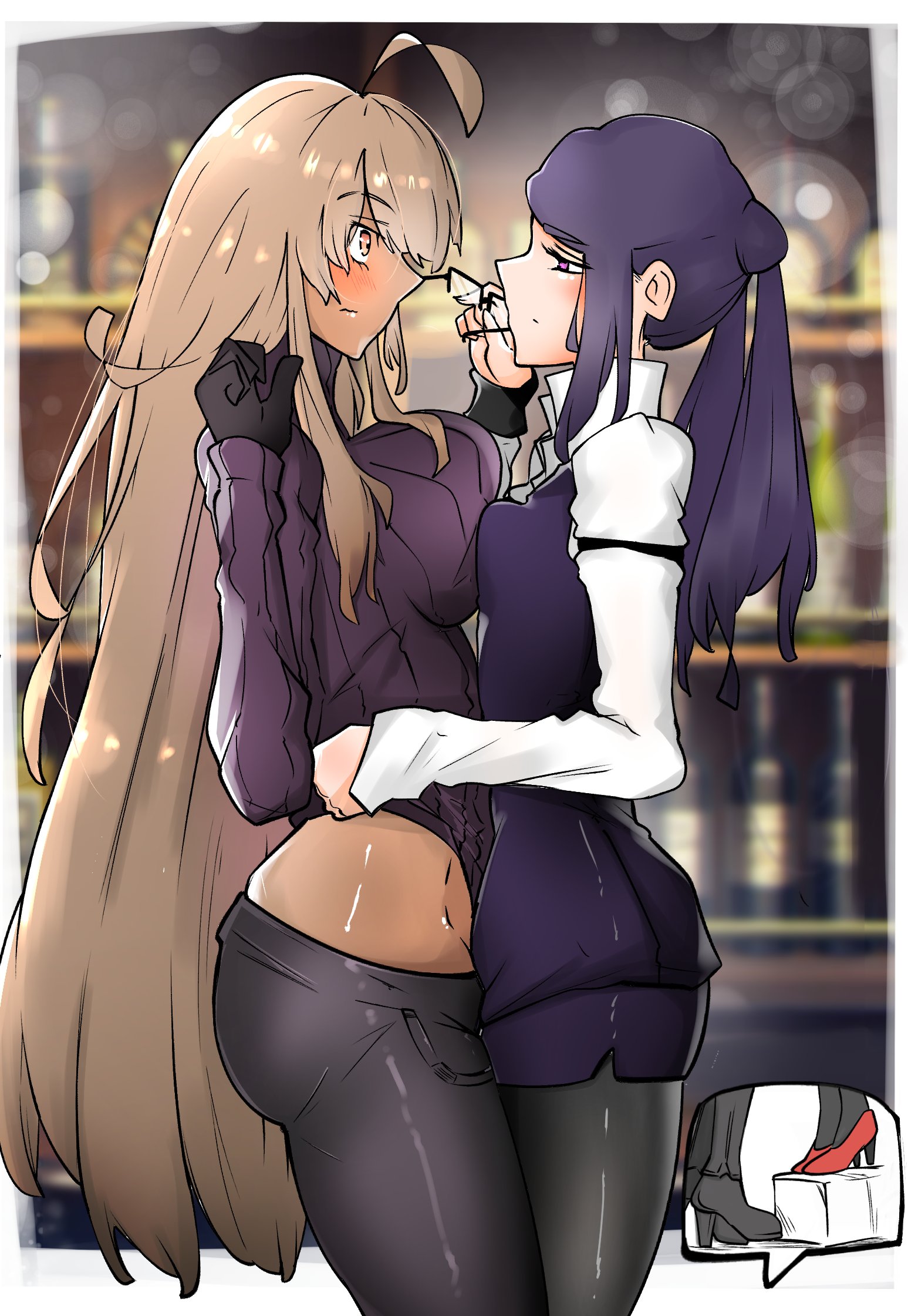 2girls, ahoge, alma armas, ass, blonde hair, blushing, breasts, clothed, female, female protagonist, glasses, height difference, julianne stingray, large breasts, long hair, purple hair, shizuka ameno, size difference, small breasts, symmetrical docking, turtleneck, va-11 hall-a, yuri