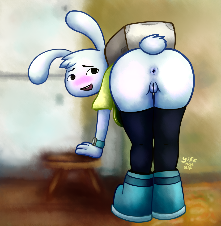 adventure_time adventure_time_distant_lands anthro anus ass bent_over blush boots cartoon_network clock clothing embarrassed embarrassed_nude_exposure female footwear genitals lagomorph legwear leporid mammal pussy rabbit shirt solo thigh_highs topwear watch y5 y5_(adventure_time) yiffnotgif