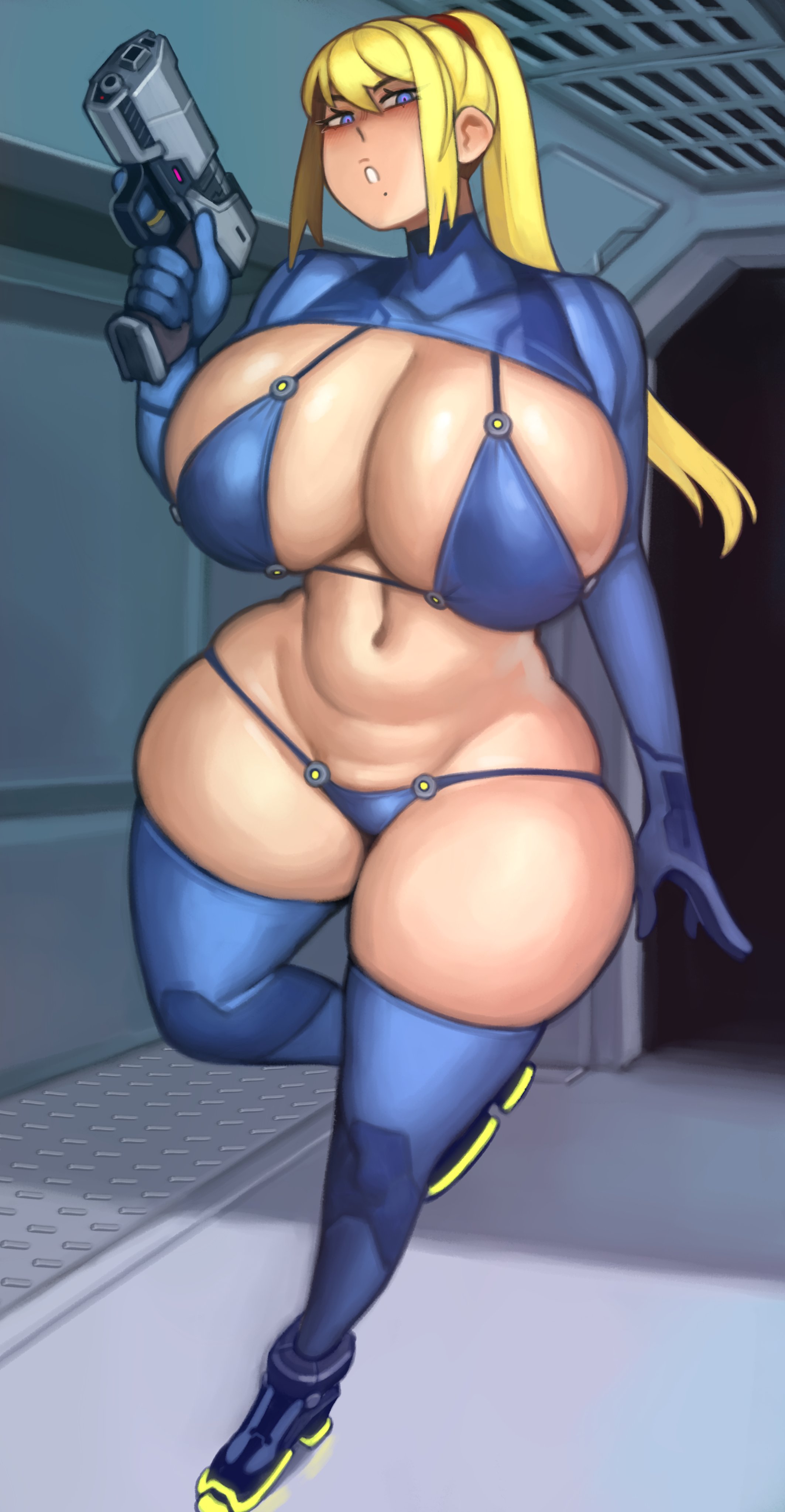 1girl, 1girls, 2026, 2d (artwork), blonde hair, blue eyes, bodysuit, breasts, brown areola, fat ass, female, female only, gun, high resolution, huge breasts, kelvin hiu, large breasts, light skin, light-skinned female, looking at viewer, metroid, nintendo, one leg up, ponytail, pussy, samus aran, slim waist, solo, thick thighs, thighhighs, thighs, wide hips, zero suit, zero suit samus