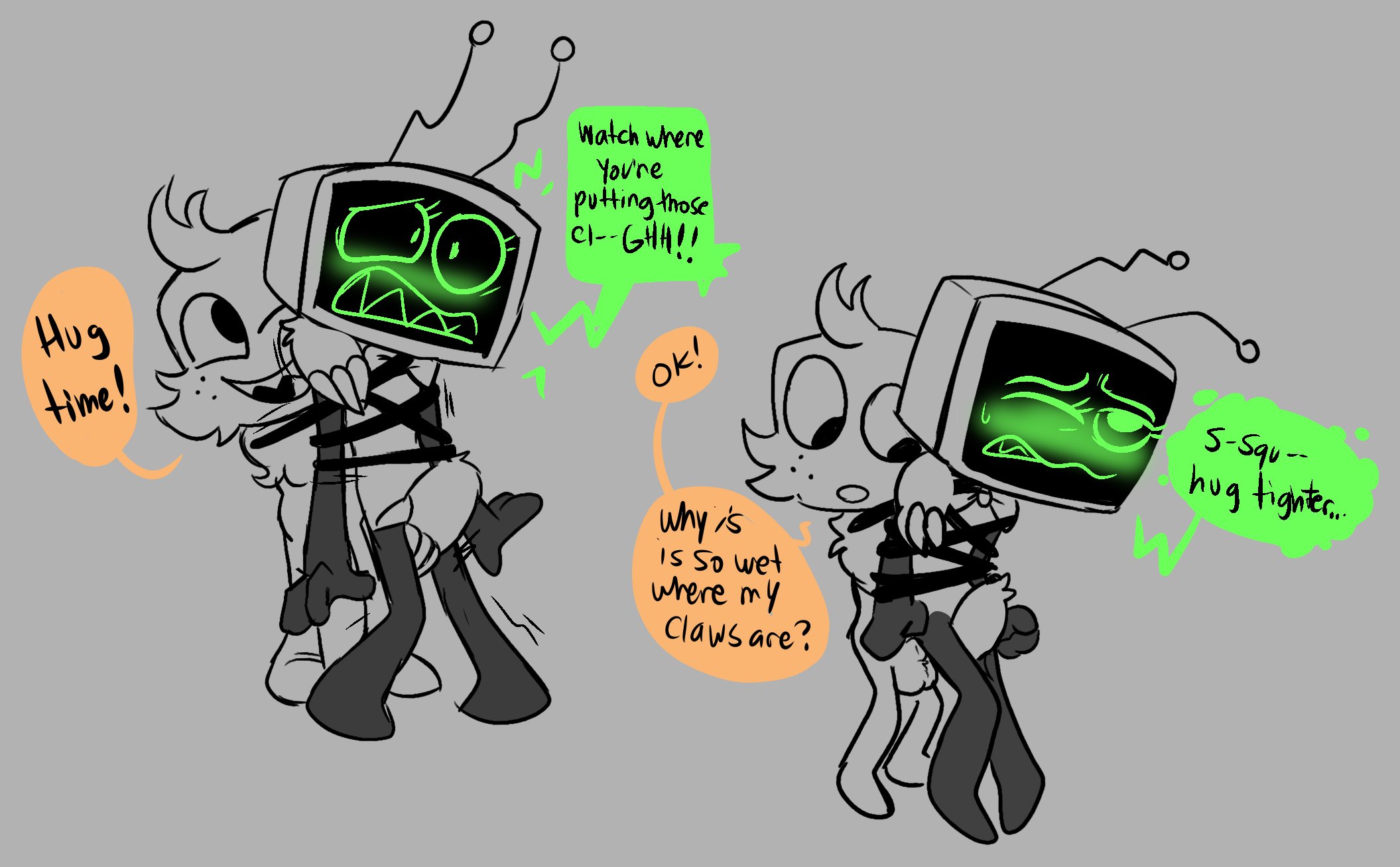 accidental circumstance, age difference, ambiguous species, android, chimeracocks, constriction, dandy's world, fingering, goob (dandy's world), hugging, hugging from behind, robot humanoid, screen face, sheath, squeezing, vee (dandy's world)