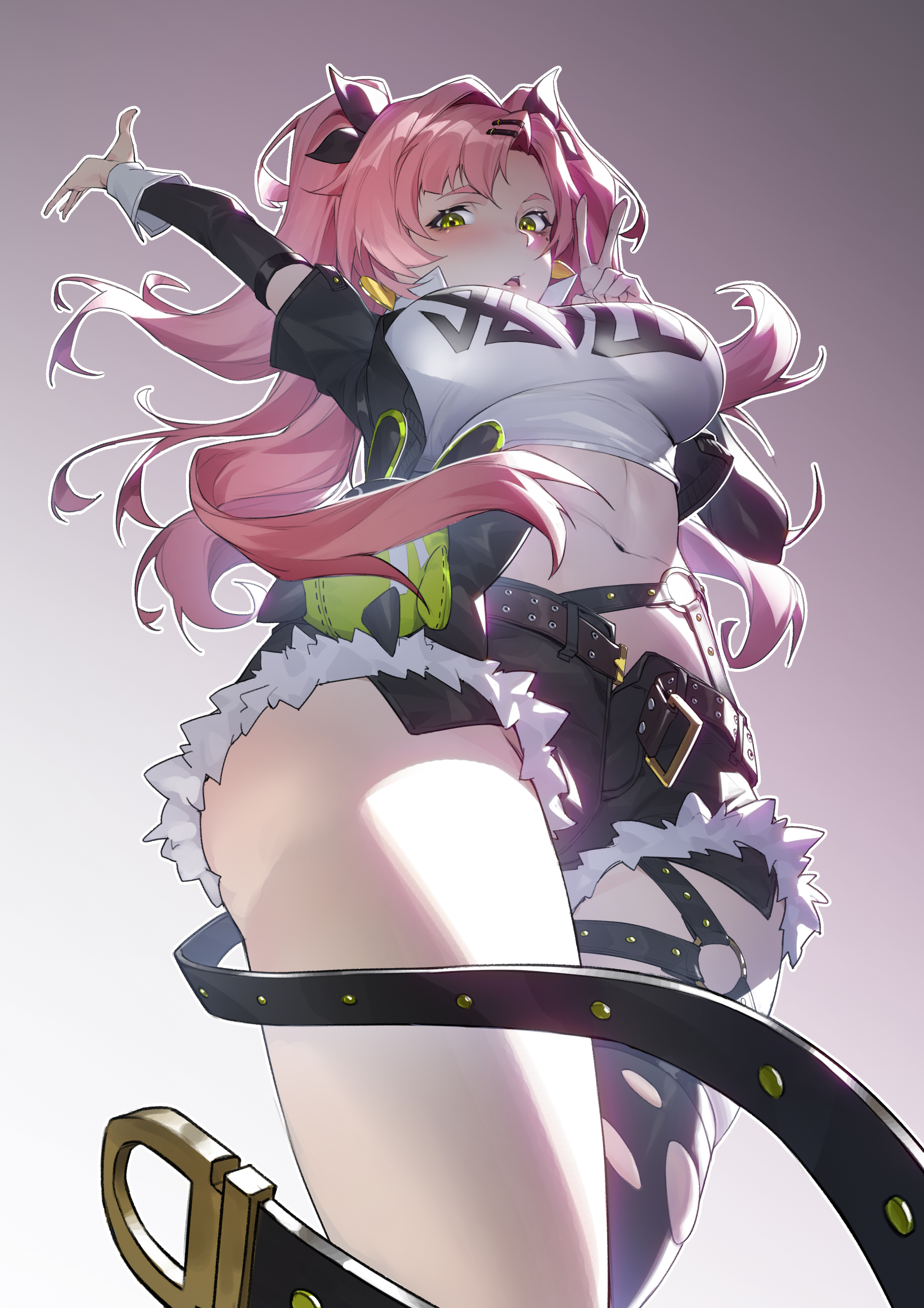 1girl, absurdres, arm up, black jacket, black shorts, breasts, crop top, from below, green eyes, highres, jacket, long hair, looking at viewer, medium breasts, midriff, navel, nicole demara, parted lips, pink hair, shirt, shorts, single thighhigh, stomach, thighhighs, tupiao shaonu, v, white shirt, zenless zone zero