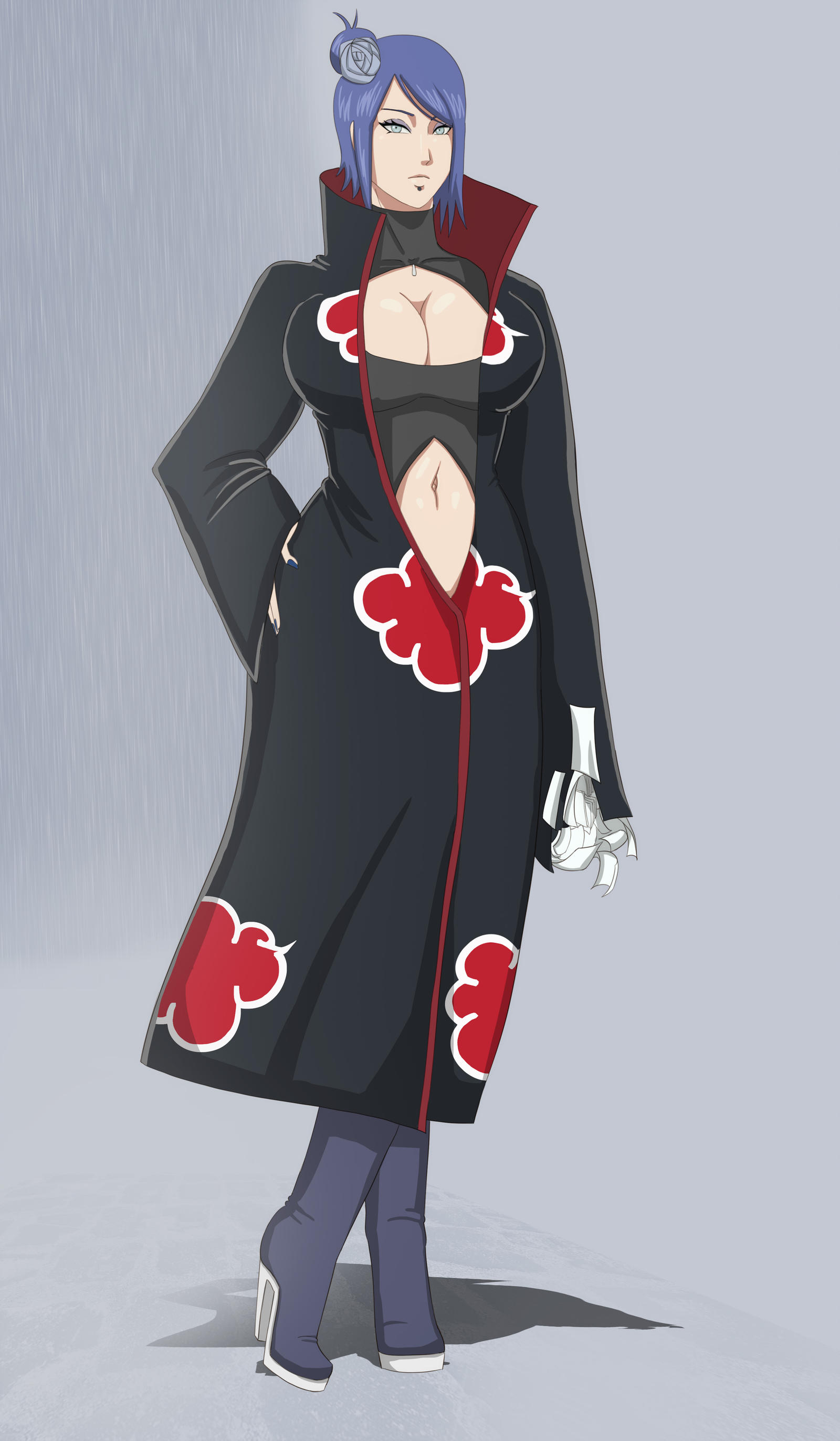 1girls, akatsuki (naruto), alternate eye color, big breasts, blue eyes, blue hair, boots, breasts, cleavage, crossed legs, curvy, curvy figure, eyeliner, eyeshadow, facial piercing, female, female only, flower, footwear, fully clothed, hair flower, hair ornament, hand on hip, hi res, high heels, high resolution, konan, long hair, looking at viewer, makeup, midriff, nail polish, naruto, naruto (series), naruto shippuden, paper, piercing, posing, salazr4, side bun, solo, standing, tied hair, unzipped, wide hips