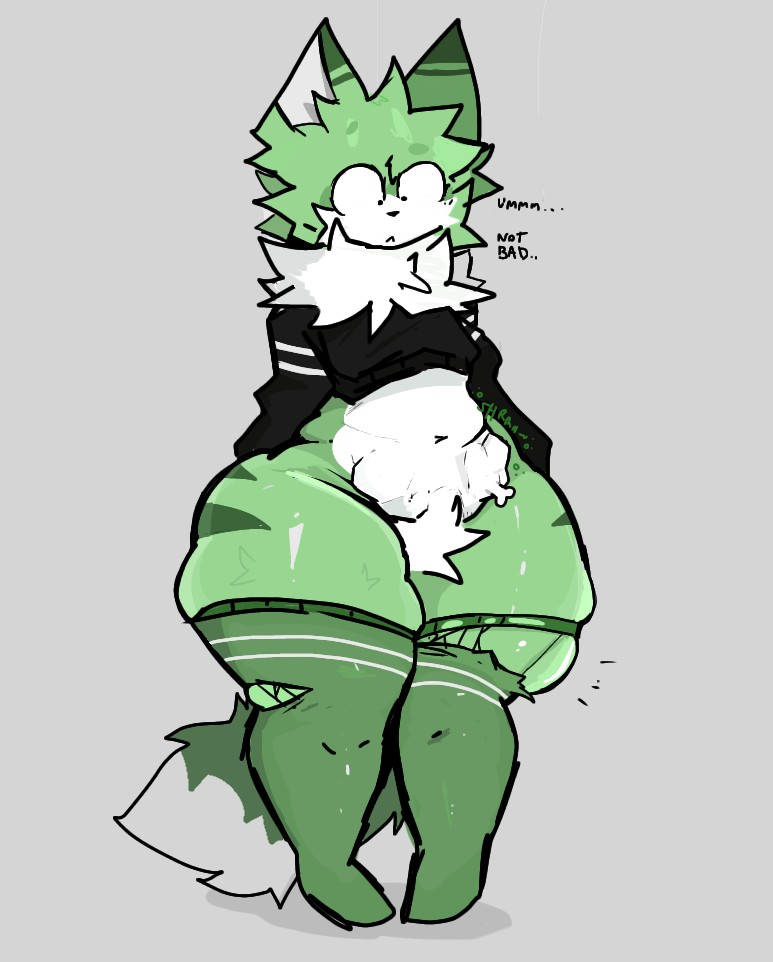 after vore, ass, ass expansion, bones in stomach, digestion, femboy, fox, furry, green fur, post-digestion, ripped clothing, thick thighs, thighs, torn clothes, vore, wsvshsj