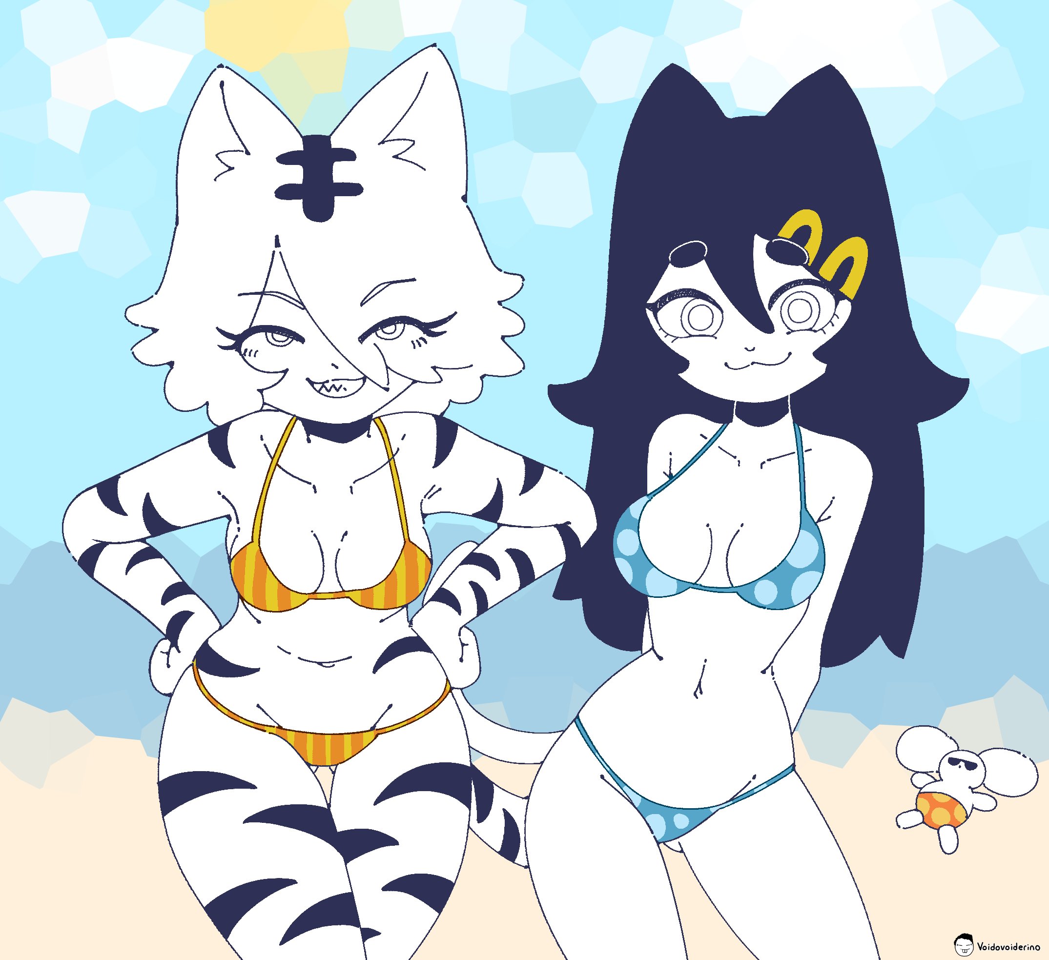 :3, :3 face, 2girls, arms behind back, beach, beach shorts, big boobs, big breasts, big waist, bikini, black hair, blank eyes, bottomwear only, cat ears, cat girl, cat tail, catgirl, clouds, hairclip, hairclips, hands on hips, long hair, medium hair, mimu (rishmimu), pastel, rat, rish (rishmimu), rishmimu, sand, sun, sunny, suzu (rishmimu), tagme, tiger ears, tiger girl, tiger print, tiger stripes, tiger tail, voider (artist), voiderino, voidovoiderino, white body, white fur, white hair, yellow hairclip