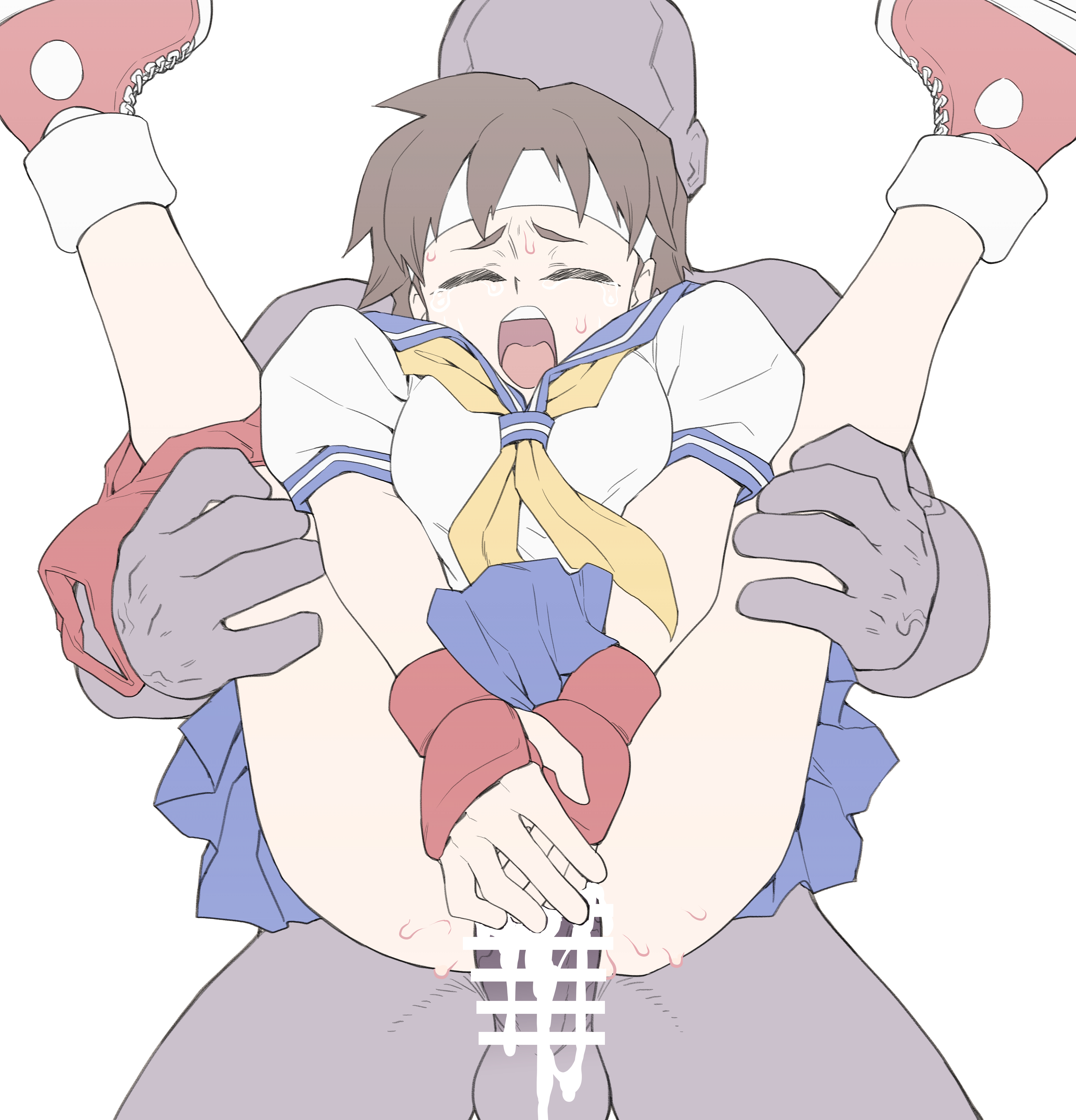 1girls, capcom, covering crotch, cyrano, embarrassed, full nelson, open mouth, rape, sakura kasugano, school uniform, street fighter, tagme, unseen male face, vaginal penetration