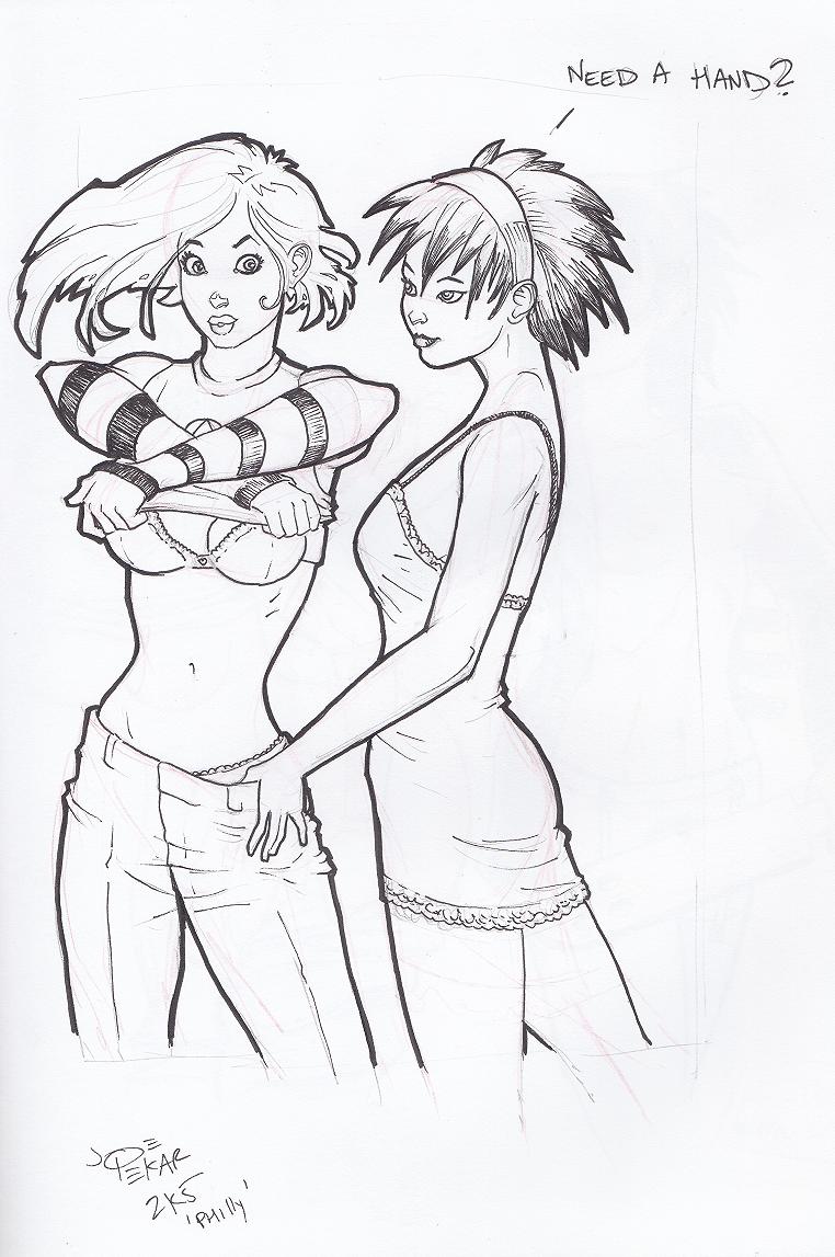 2005 2girls artist_signature bra dated joe_pekar karolina_dean marvel medium_hair nico_minoru panties runaways shirt_lift short_hair sister_grimm sketch straight_hair undressed