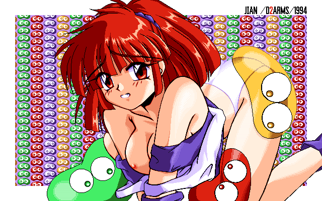 1990s 1994 20th_century areolae arle_nadja blush breasts brown_hair clothing female half_updo jian madou_monogatari nipples panties puyo_puyo puyo_puyo_fever short_hair slime small_areola