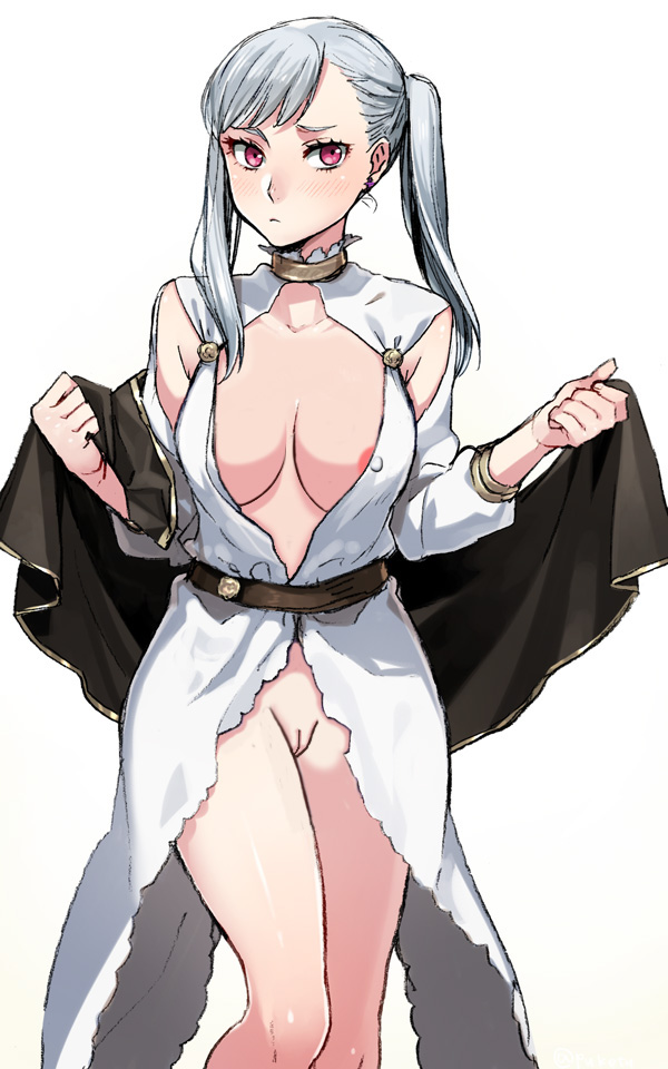 1girls, black bulls uniform, black clover, blush, breasts, female, female only, large breasts, naked, noelle silva, pale skin, pink eyes, shy, silver hair, solo, stripping, tied hair, unknown artist, wizard