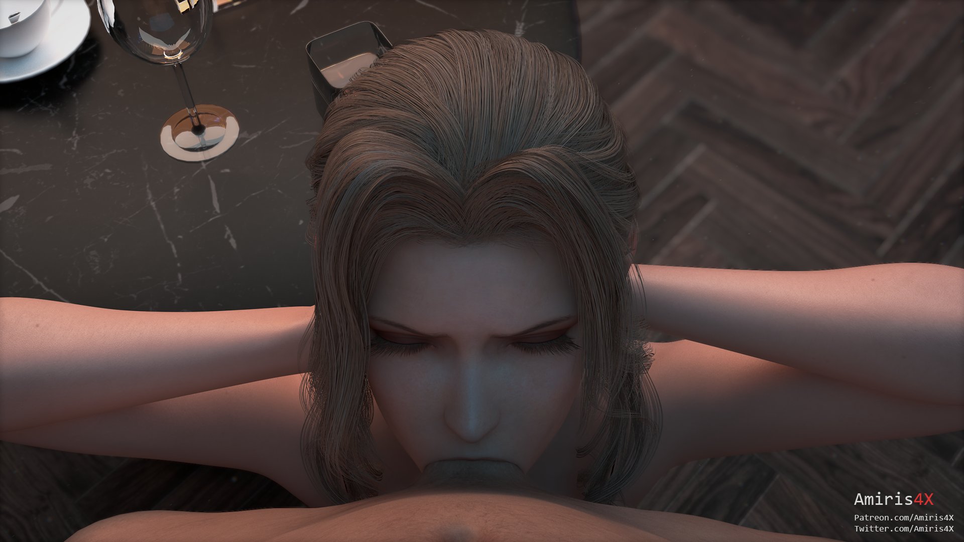 1boy, 1girls, 3d, aerith gainsborough, all the way to the base, amiris4, big penis, blender, blowjob, braid, braided hair, braided ponytail, braided twintails, brown hair, cute, deepthroat, deepthroat holder, deepthroat no hands, erection, eye contact, female, final fantasy, final fantasy vii, final fantasy vii remake, gag, gagging, green eyes, hands behind head, intimate, kneeling, light brown hair, light-skinned female, long hair, male, necklace, oral, penis, petite, ponytail, pov, red dress, ribbon, seductive eyes, slim, small breasts, square enix, straight, turquoise eyes
