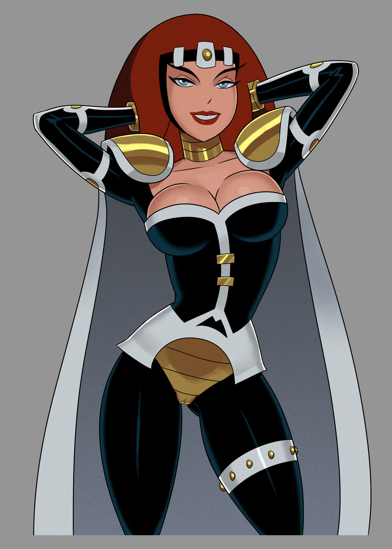 1girls arms arms_up big_breasts bracelet bracelets breasts busty cameltoe clothed collar dc dc_comics dcau female female_focus female_only gold gold_bracelet gold_bracelets gold_collar hourglass_figure long_hair maxima_queen_of_almerac pinup pinup_girls pose posing red_hair solo something_unlimited standing studded_thighlet sunsetriders7 superman:_the_animated_series superman_(series) thighlet wide_hips