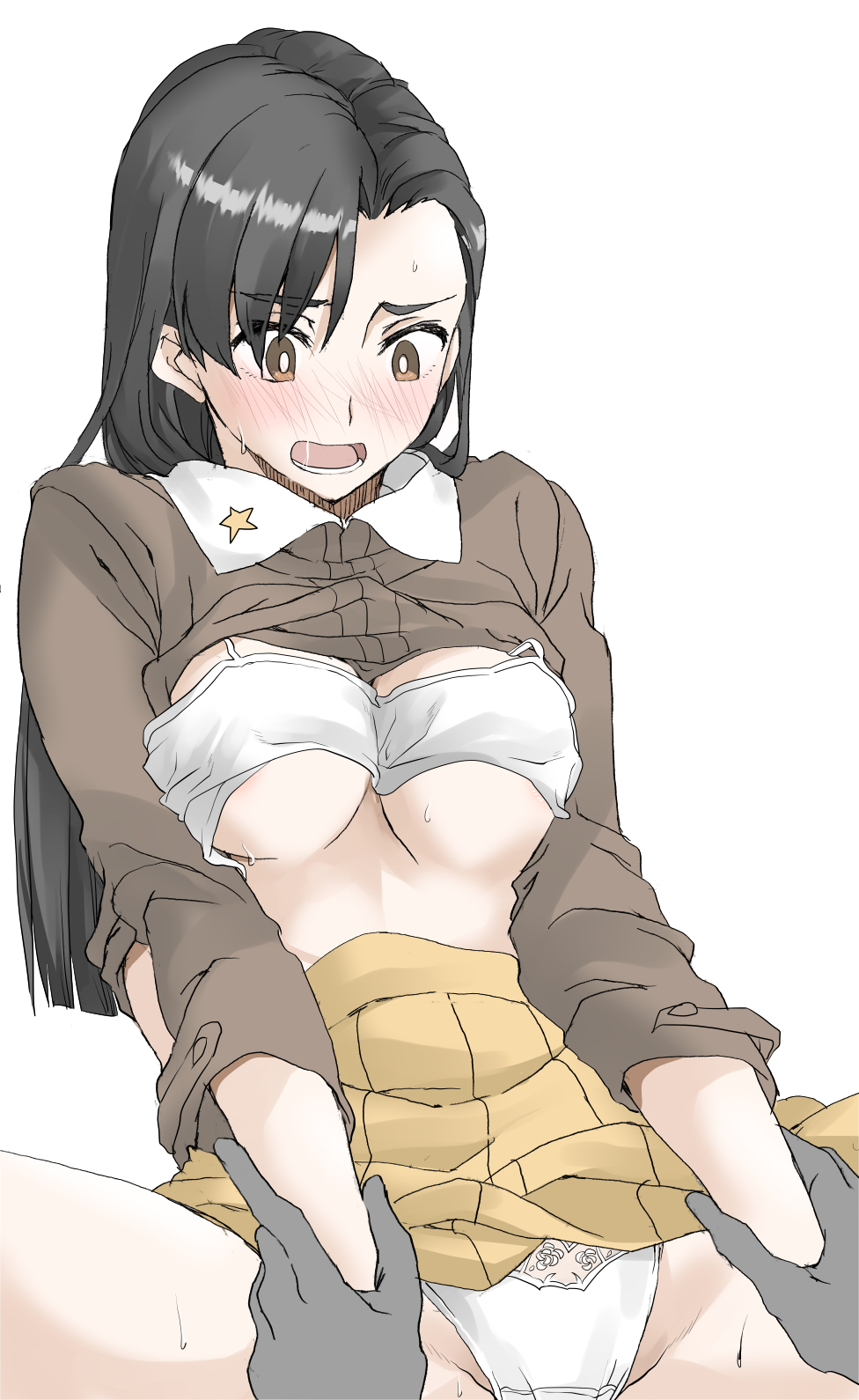 1boy black_hair blush bra breasts brown_eyes chi-hatan_military_uniform elf_(stroll_in_the_woods) female girls_und_panzer groin highres jacket_lift large_breasts long_hair military military_uniform nishi_kinuyo offscreen_sex open_mouth panties saliva shiny shiny_hair simple_background skirt spread_legs sweat underboob underwear uniform white_background white_bra white_panties wrist_grab yellow_skirt