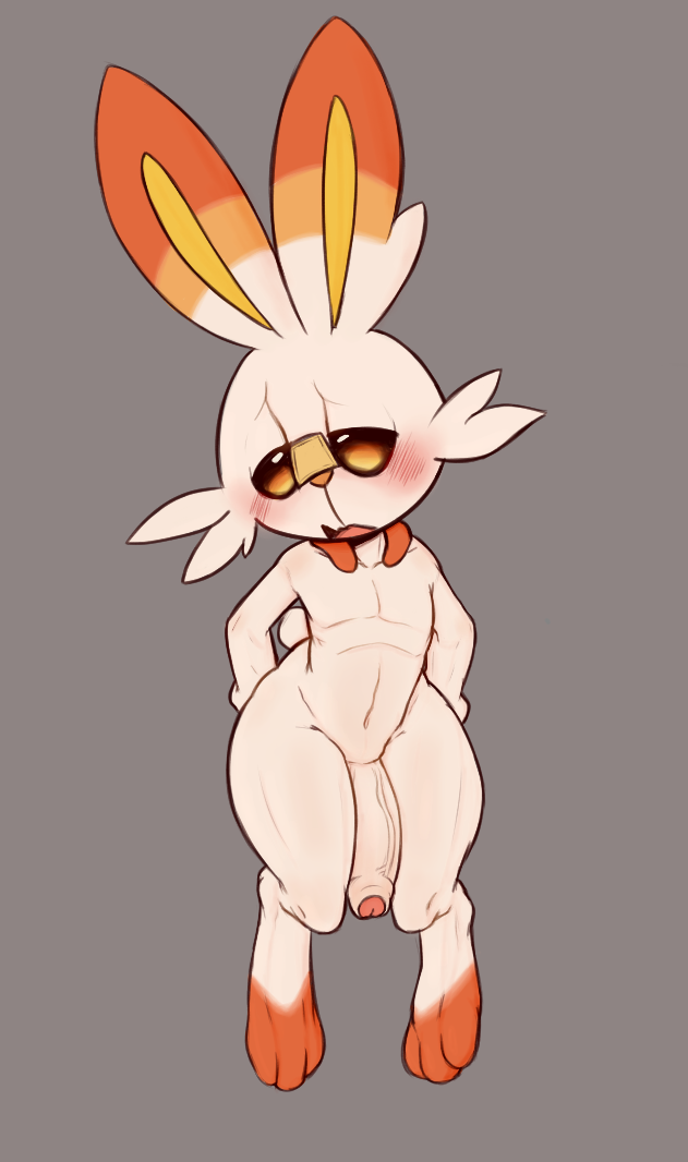 1boy anthro blush embarrassed foreskin genitals intact jude_(artist) lagomorph leporid male male_only mammal nintendo partially_retracted_foreskin penis pokémon_(species) pokemon rabbit scorbunny semi-erect simple_background solo thick_thighs uncut veiny_penis video_games white_body