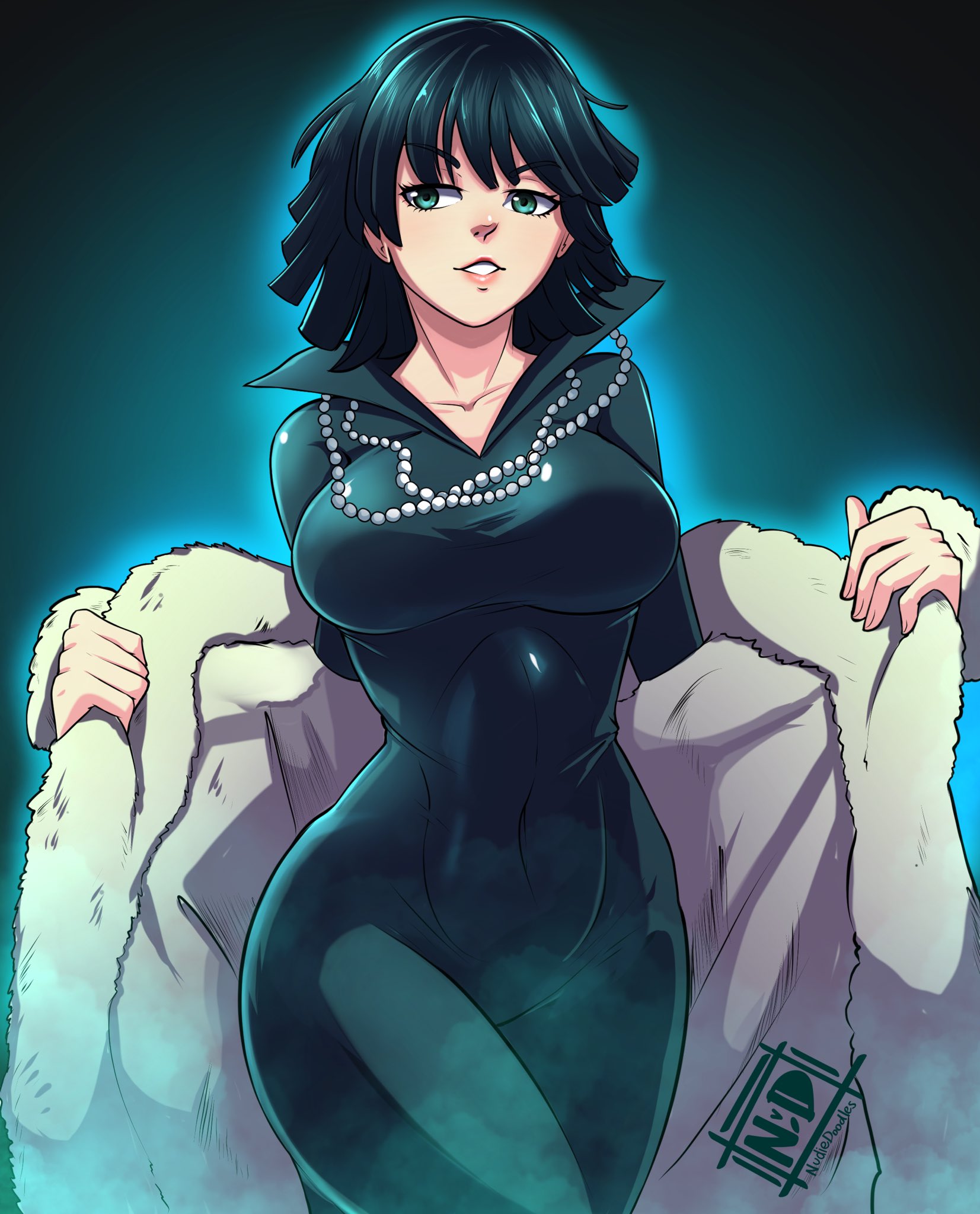 1girls, abs, big breasts, bodysuit, breasts, clothed, clothed female, clothing, dress, female, female only, fubuki (one-punch man), green eyes, green hair, half-closed eyes, hourglass figure, lipstick, nudiedoodles, one-punch man, undressing, wide hips