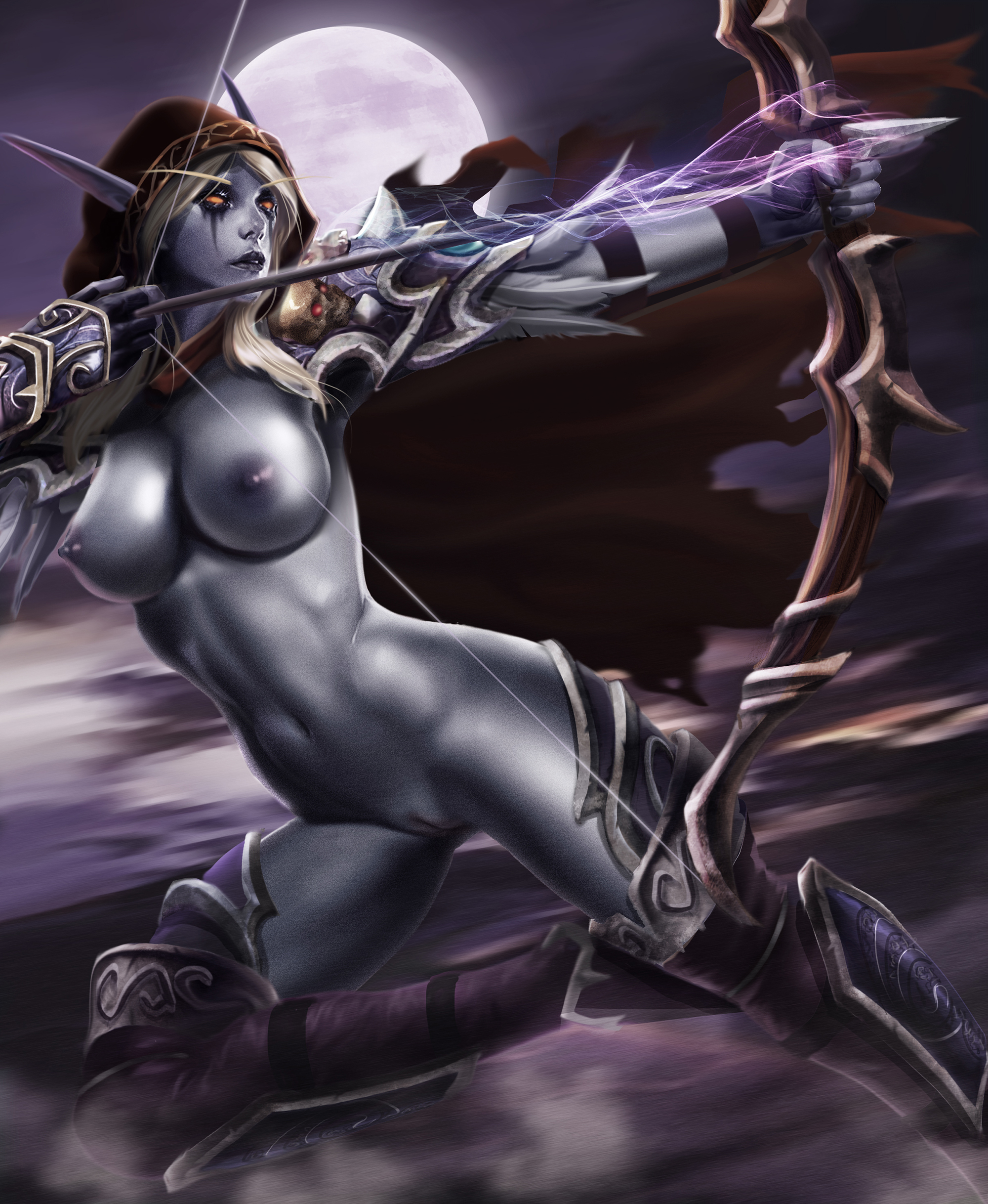 1girls, big breasts, blue skin, bow, breasts, dandon fuga, elf, female, female only, fit, hairless pussy, nude, partially clothed, pointy ears, pussy, solo, solo focus, sylvanas windrunner, warcraft, world of warcraft