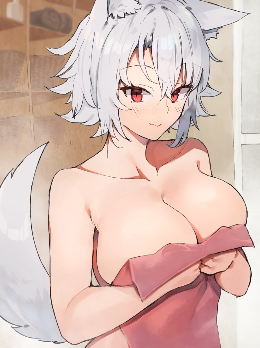 1girls animal_ear_fluff animal_ears bangs breasts collarbone eyebrows_visible_through_hair hair_between_eyes large_breasts looking_at_viewer momiji_inubashiri nude red_eyes short_hair silver_hair smile solo suminagashi tail touhou upper_body wolf_ears wolf_tail