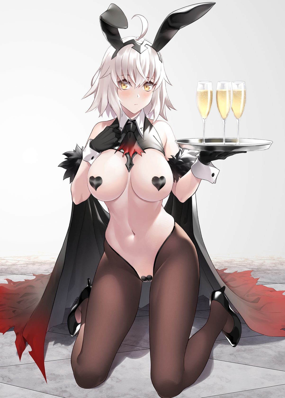 1girls, ahoge, black heart pasties, black pasties, blush, breasts, bunny ears, fake animal ears, fate (series), fate/grand order, female, fur trim, gloves, heart pasties, jeanne alter, jeanne d'arc (fate), large breasts, looking at viewer, midriff, pale skin, pasties, prime tw, reverse bunnysuit, serving tray, short hair, solo, tagme, thighhighs, white background, white hair, yellow eyes