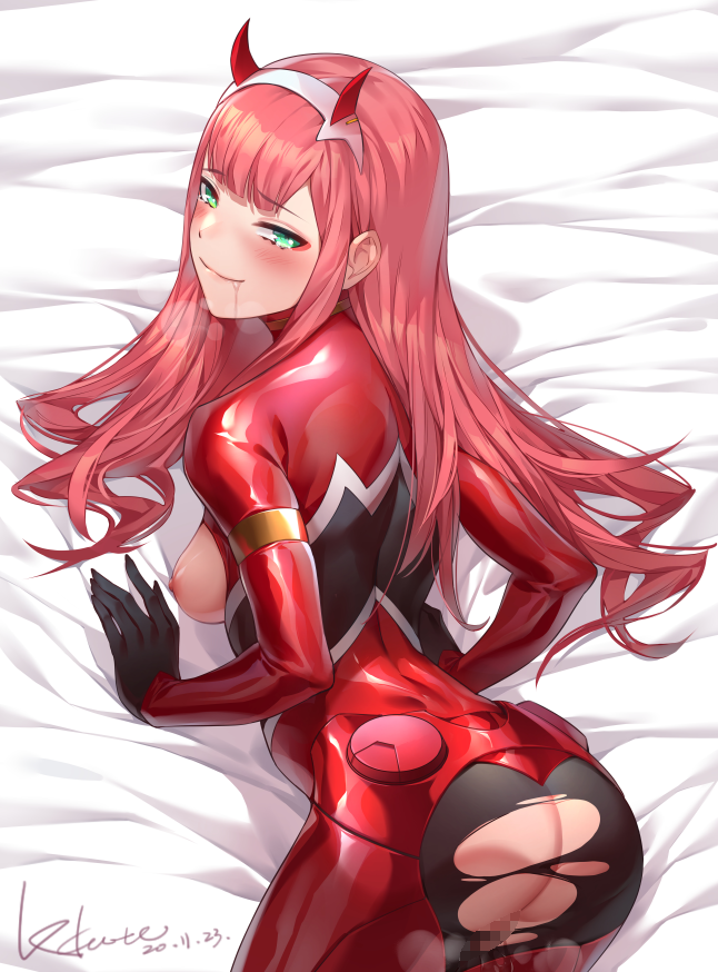 aqua_eyes blush darling_in_the_franxx drooling exposed_breasts eye_contact female horns imminent_sex latex latex_suit long_hair looking_at_viewer looking_back lxkate on_bed pink_hair plugsuit seductive seductive_smile smile smug solo_female torn_clothes wide_smile zero_two_(darling_in_the_franxx)