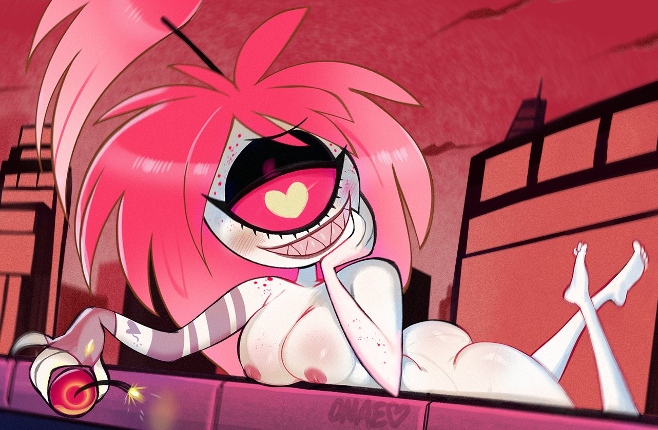 1 eye, 1girls, 2020, areolae, ass, big hair, breasts, cherri bomb, cyclops, demon, demon girl, dynamite, eyeshadow, feet, female, female focus, female only, freckles, grin, hand on chin, hazbin hotel, heart-shaped pupils, long hair, lying on stomach, nipples, nude, onae, outside, pale skin, pink hair, pink sclera, sharp teeth, skyscraper, smile, straight hair, tattoo, the pose, vivienne medrano, white skin, yellow eyes