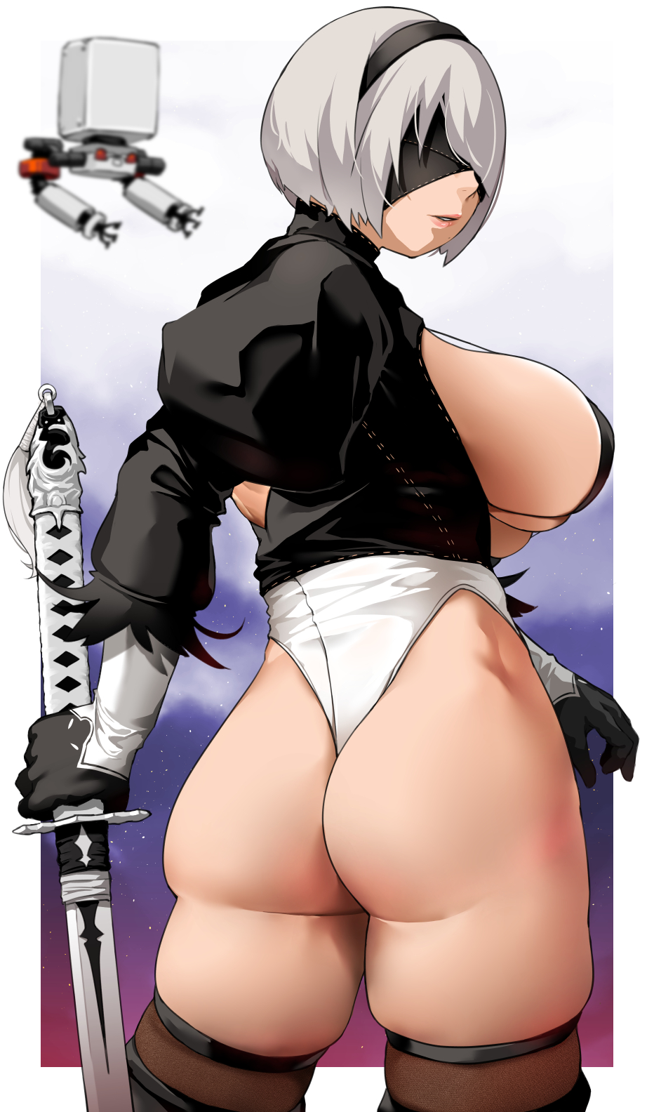 1girls, android, bakkanki, blindfold, disinterested, emotionless, expressionless, female, female focus, female only, leotard, nier: automata, pod (nier), short hair, solo, solo female, solo focus, wedgie, white hair, yorha 2b