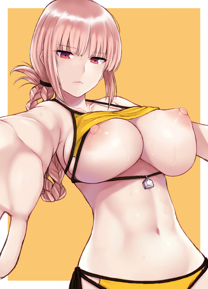 1girls bikini blush border braid breasts chaldea_lifesavers cleavage cocq_taichou covered_nipples day eyebrows_visible_through_hair fate/grand_order fate_(series) female female_only florence_nightingale_(chaldea_lifesavers)_(fate) florence_nightingale_(fate) folded_ponytail large_breasts long_hair looking_at_viewer navel nipples outstretched_arms pink_hair red_eyes simple_background skindentation solo solo_female swimsuit underboob upper_body wet white_border yellow_background yellow_bikini