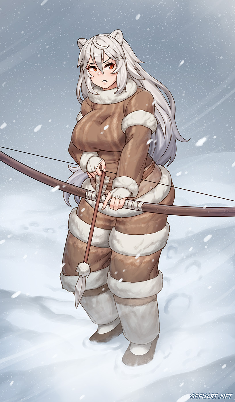 bear_ears blizzard_(weather) bow_(weapon) inuit kamrose looking_away red_eyes sefuart snow white_hair