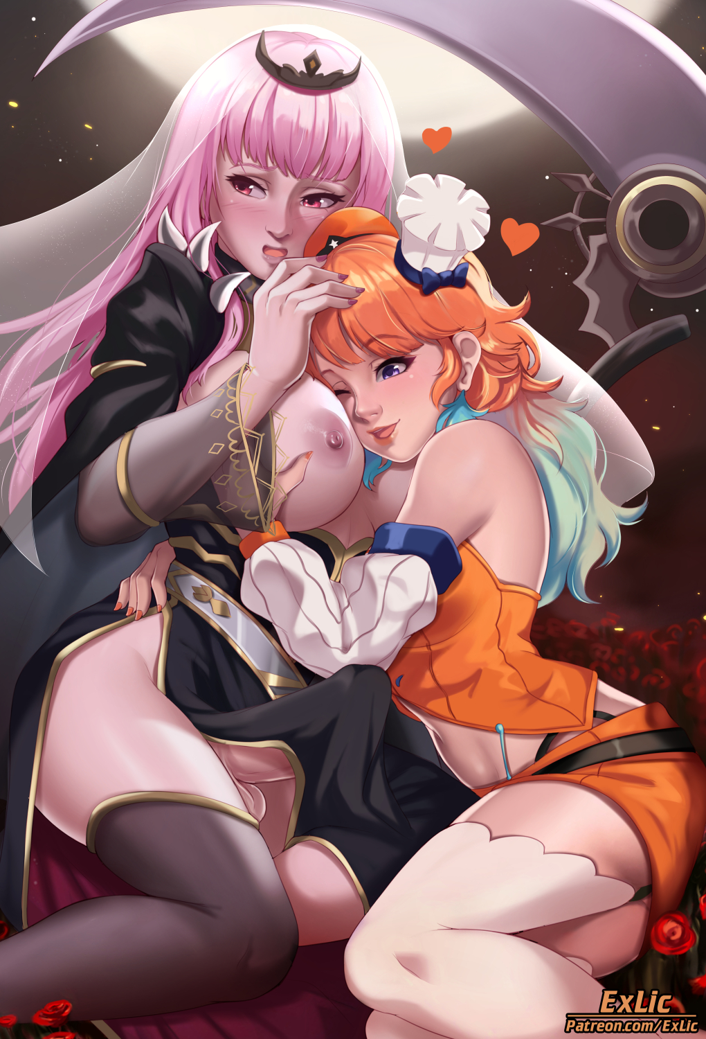 1futa, 1girls, armwear, ass, bare shoulders, beret, big breasts, breasts, bulge, chef hat, detached sleeves, dickgirl, erection under clothes, exlic, female, futanari, hat, hololive, hololive english, hololive myth, intersex, large breasts, microskirt, midriff, mori calliope, multiple hats, navel, nipples, orange hat, orange shirt, orange skirt, penis, penis under clothes, red beret, red hat, shirt, skirt, stockings, stomach, takamori (hololive), takanashi kiara, takanashi kiara (1st costume), thighhighs, vest, virtual youtuber, white armwear, white legwear, white stockings, white thighhighs