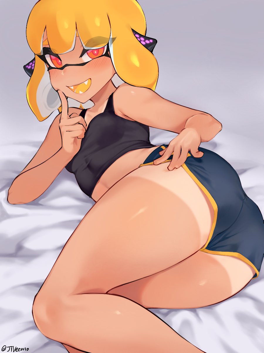 1girls, agent 4 (splatoon), ass, booty shorts, breasts, crop top, dolphin shorts, female, inkling, inkling girl, jtveemo, nintendo, on side, orange hair, sharp teeth, short hair, short shorts, shorts, small breasts, solo, splatoon, splatoon (series), splatoon 2, splatoon 2: octo canyon, tan skin, tanline, thighs