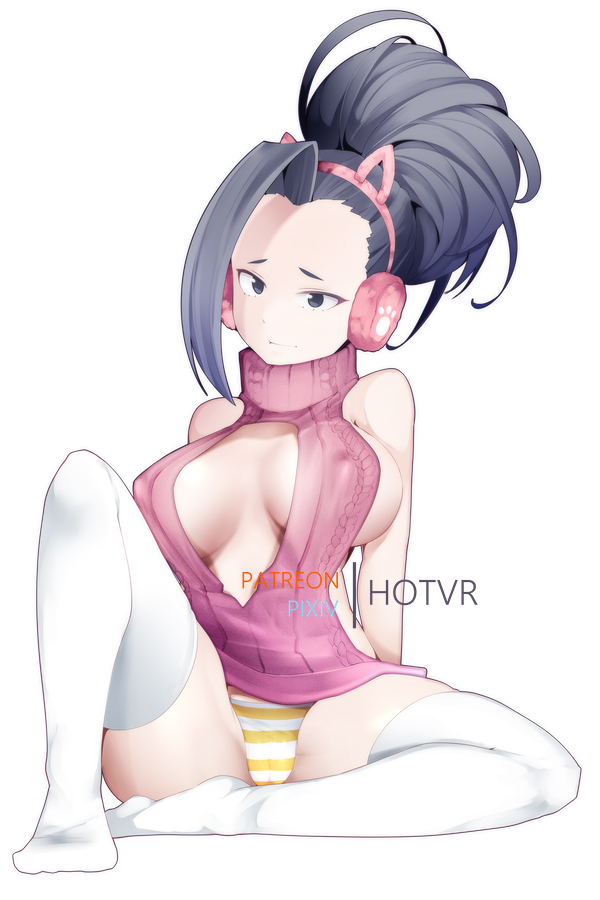 1girls, animal ears, backless, backless outfit, bangs, big breasts, black eyes, black hair, black-haired female, breasts, cameltoe, cat ears, cleavage, clothing, covered nipples, erect nipples, fake animal ears, female, female only, hairband, hotvr, legwear, long hair, long socks, momo yaoyorozu, my hero academia, nipples, no bra, panties, ponytail, pussy, revealing clothes, sideboob, sitting, socks, solo, sweater, thighhighs, tied hair, virgin killer sweater