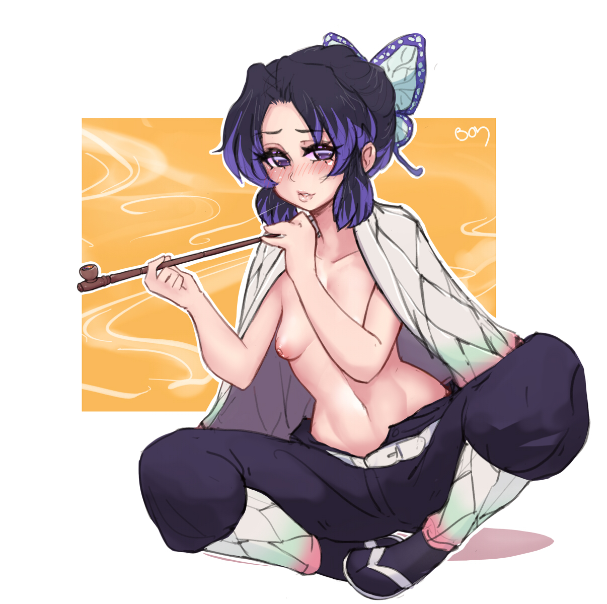 1girls, blush, breasts, butterfly hair ornament, demon slayer, female, female only, haori, kimetsu no yaiba, kiseru, kochou shinobu, lewd commander, looking at viewer, partially nude, pipe, purple eyes, purple hair, purple-haired female, small breasts, smoking, solo, topless