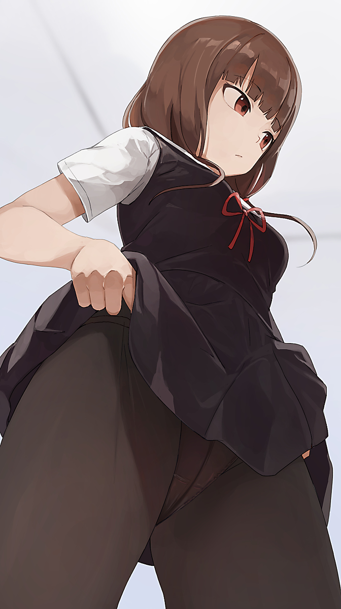 1girls, black legwear, blunt bangs, breasts, brown eyes, brown hair, eyebrows visible through hair, female, female only, fully clothed, hiroki yyqw7151, human, iino miko, kaguya-sama wa kokurasetai ~tensai-tachi no renai zunousen~, looking away, medium hair, pantyhose, small breasts, solo, upskirt