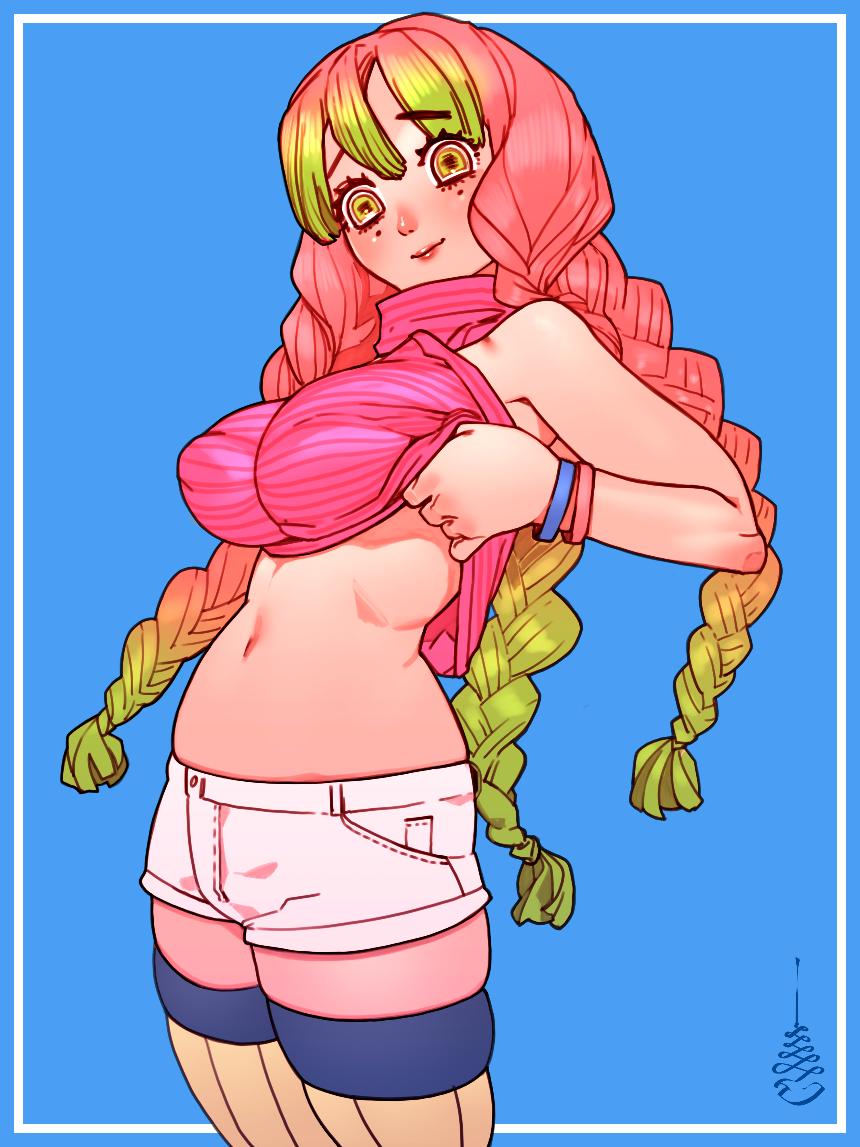 1girls, alternate costume, blue background, braided hair, breasts, cheunchin, clothed, cowboy shot, demon slayer, female, gradient hair, kanroji mitsuri, kimetsu no yaiba, large breasts, lifting clothing, looking at viewer, no bra, red hair, shirt lift, shorts, smile, solo, standing, teasing, thighhighs, titty drop, turtleneck, two-tone hair