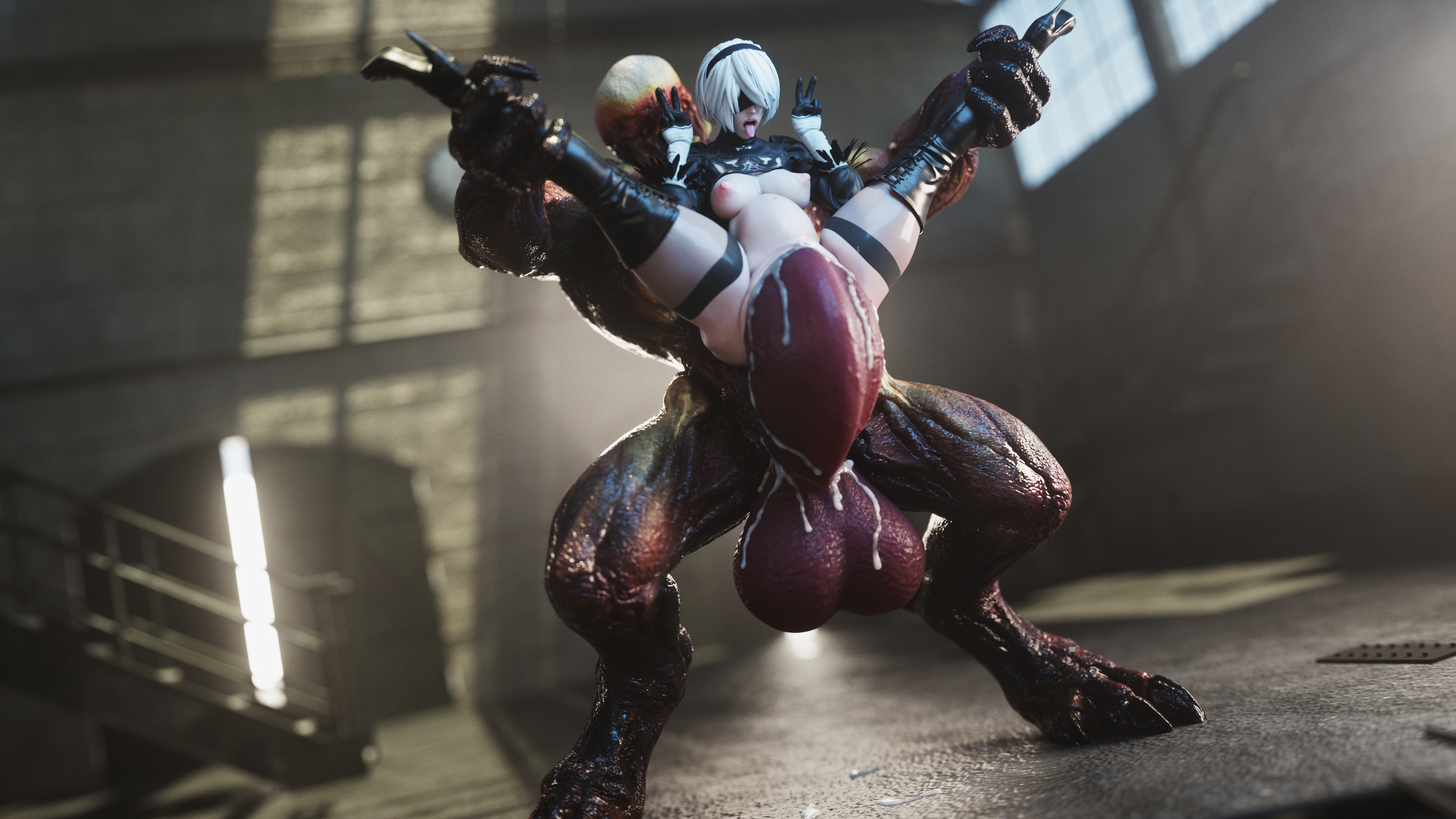 1girls, 1monster, 3d, android, blindfold, breasts, crossover, cum, cum in pussy, cum inside, demon, doom, double v, eastern and western character, female, female penetrated, gigantic penis, hell knight (doom), high heel boots, huge monster, hyper penis, icedev, impossible fit, larger male, leg grab, legs held open, male, male penetrating, monster, monster cock, nier: automata, penis, pussy, reverse stand and carry position, reverse suspended congress, size difference, smaller female, spread legs, stomach bulge, straight, straight sex, submissive, thigh boots, tongue, tongue out, vaginal penetration, vaginal sex, white hair, yorha 2b