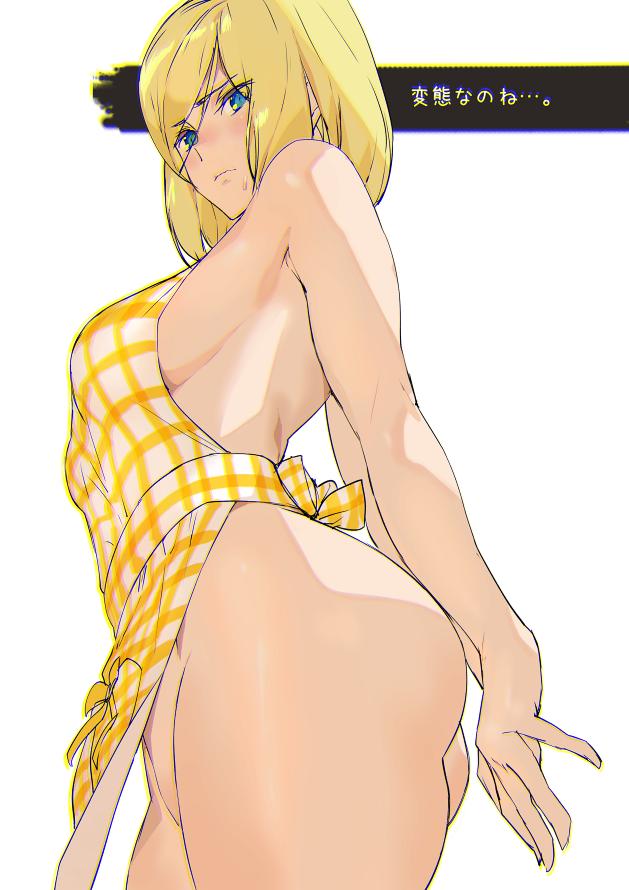 apron arc_system_works arms_behind_back ashiomi_masato ass blonde_hair blue_eyes blush curvy embarrassed guilty_gear long_hair looking_down millia_rage naked_apron no_panties side_view solo solo_focus sweatdrop