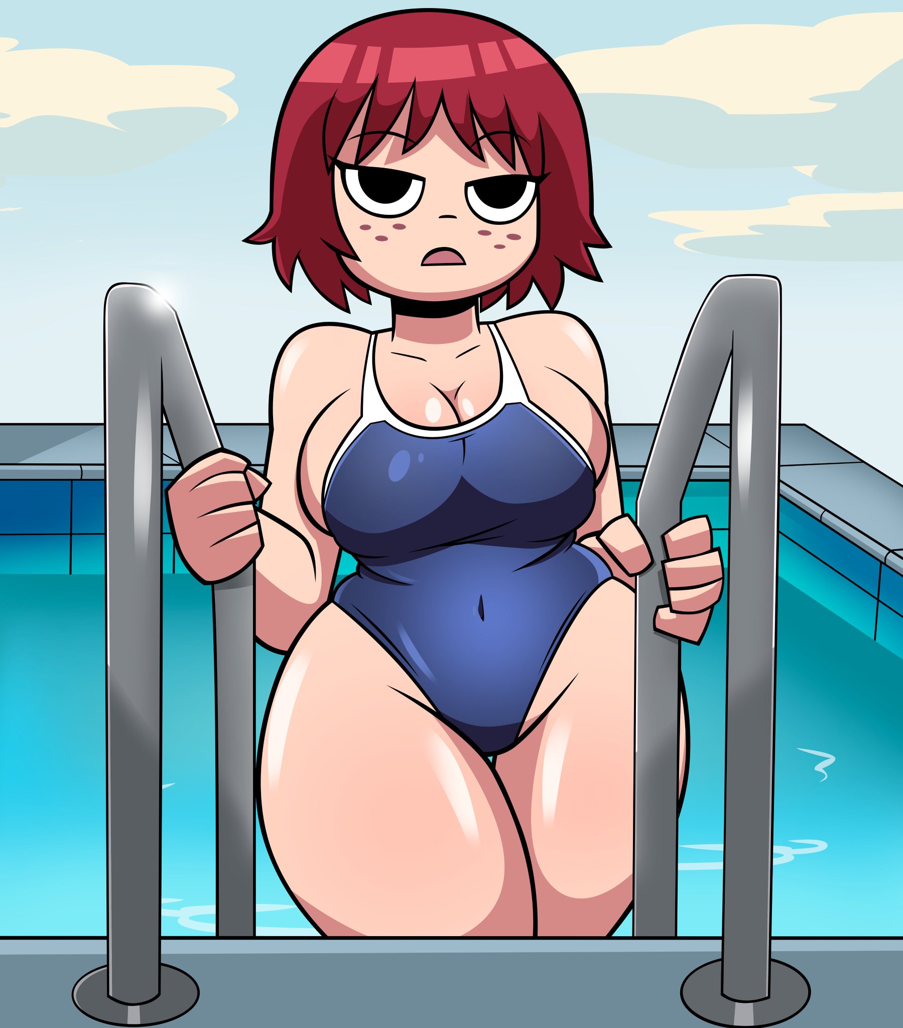 1girls, about to burst, barely contained, barely contained breasts, barely fits, big breasts, breasts, breasts too big, bursting breasts, female, female only, freckles, getting out of pool, grimphantom, imminent wardrobe malfunction, kim pine, pool, scott pilgrim, swimming pool, swimsuit, thick thighs, tight fit, tight swimsuit, tight swimwear, too tight, undersized clothes, undersized clothing