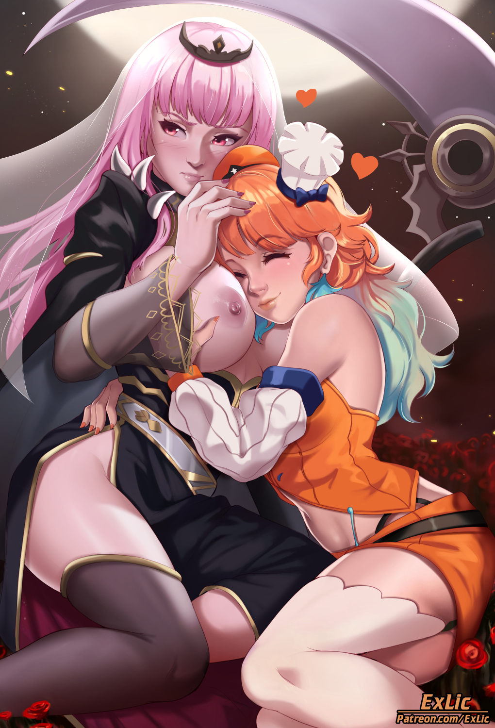 2girls, armwear, ass, bare shoulders, beret, big breasts, breasts, breasts out, chef hat, detached sleeves, exlic, female, female only, functionally nude, hat, hololive, hololive english, hololive myth, large breasts, microskirt, midriff, mori calliope, multiple females, multiple girls, multiple hats, navel, nipples, orange hat, orange shirt, orange skirt, red beret, red hat, shirt, skirt, stockings, stomach, takamori (hololive), takanashi kiara, takanashi kiara (1st costume), thighhighs, vest, virtual youtuber, white armwear, white legwear, white stockings, white thighhighs, yuri