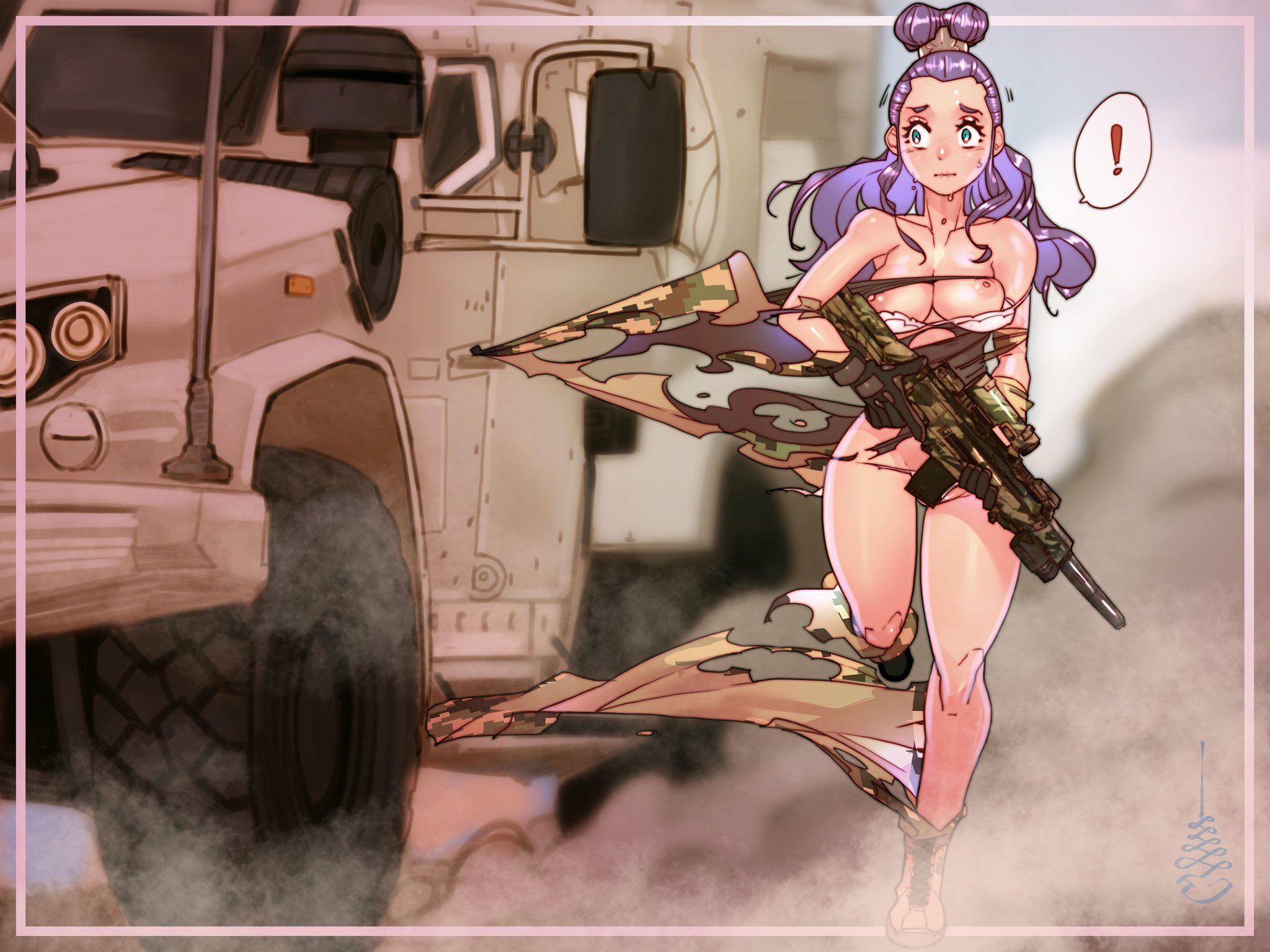 1girls, accident, assault rifle, boots, breasts, breasts out, car, cheunchin, female, full body, gloves, gun, long hair, military, military uniform, nipple slip, original character, purple hair, running, speech bubble, spoken exclamation mark, standing, surprised, tearing clothes, torn clothes, vehicle, wardrobe malfunction, weapon, white bra