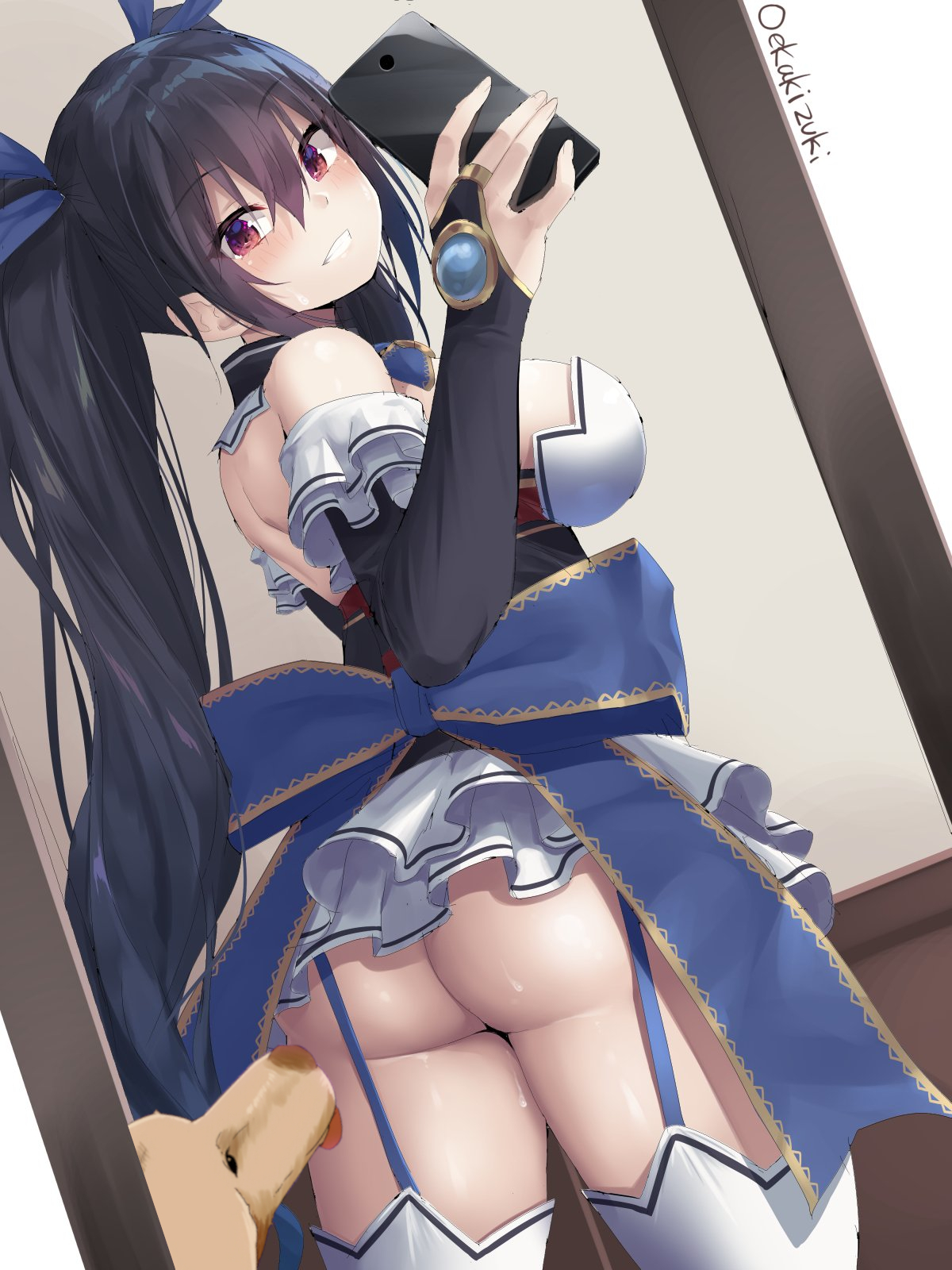 1girls, artist signature, ass, black hair, blush, breasts, canine, dog, dress, female, feral on female, fully clothed, garter straps, huge ass, large breasts, licking thigh, long hair, mirror, mirror selfie, neptunia (series), noire, nopan, oekakizuki, phone, presenting, red eyes, selfie, smile, smug, sweat, tease, teeth, thick thighs, thighs, third-party edit, twintails, very long hair