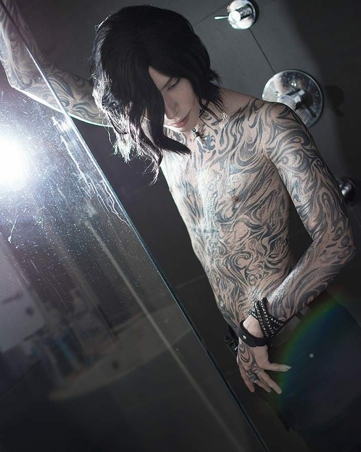 1boy, 3d, artist request, bathroom, black hair, choker, devil may cry, devil may cry (series), devil may cry 5, gay, male, male only, medium hair, naked, nipples, partially nude, ring, shower, tattoo, topless, v (devil may cry)