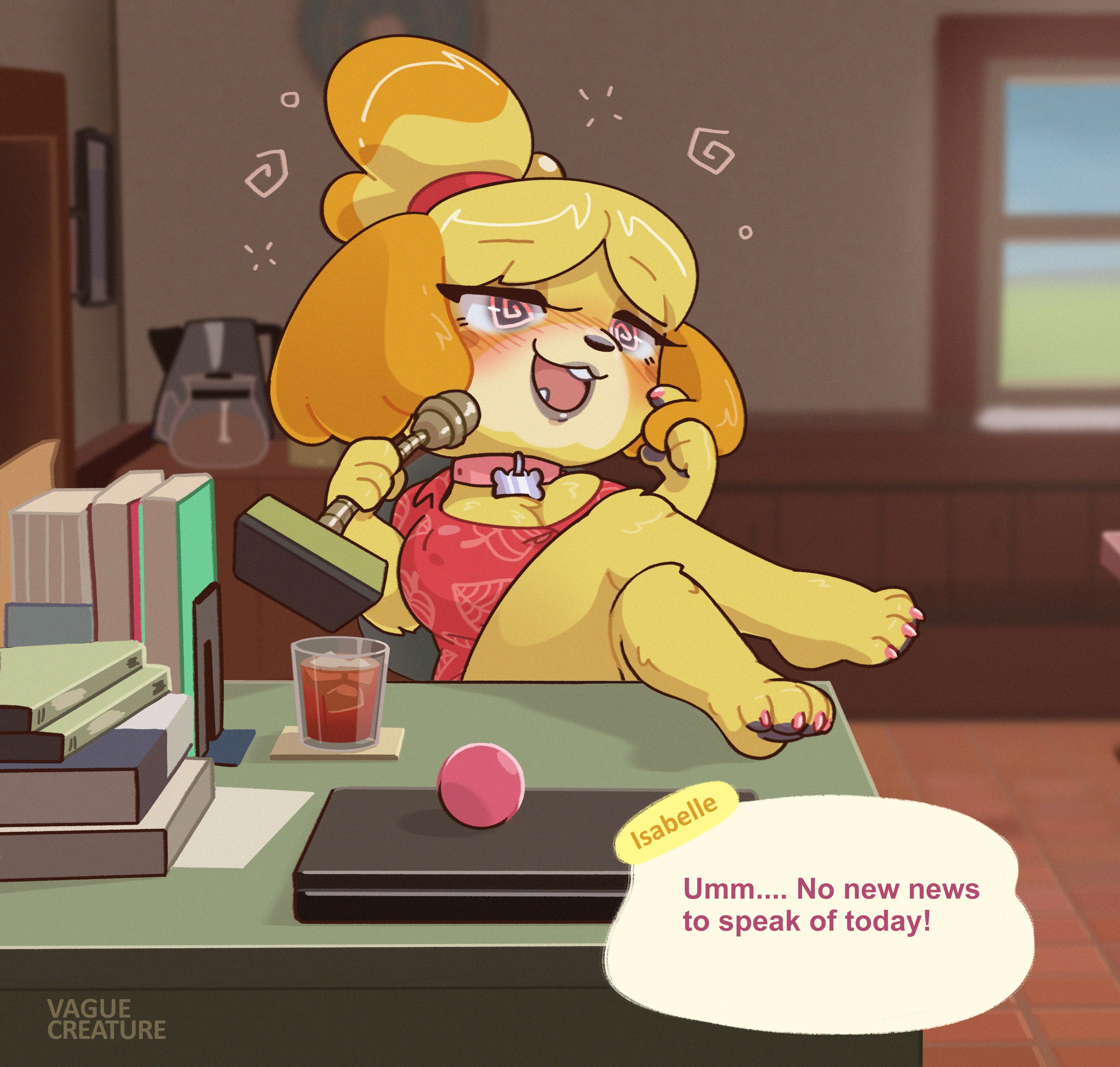1girls, animal crossing, anthro, bimbo, bimbofication, breast expansion, breast growth, breast growth (enlargement), breasts, dialogue, dog, english text, expansion, female, female only, furry, hypnosis, isabelle (animal crossing), nintendo, solo, solo female, text, transformation, vaguecreature