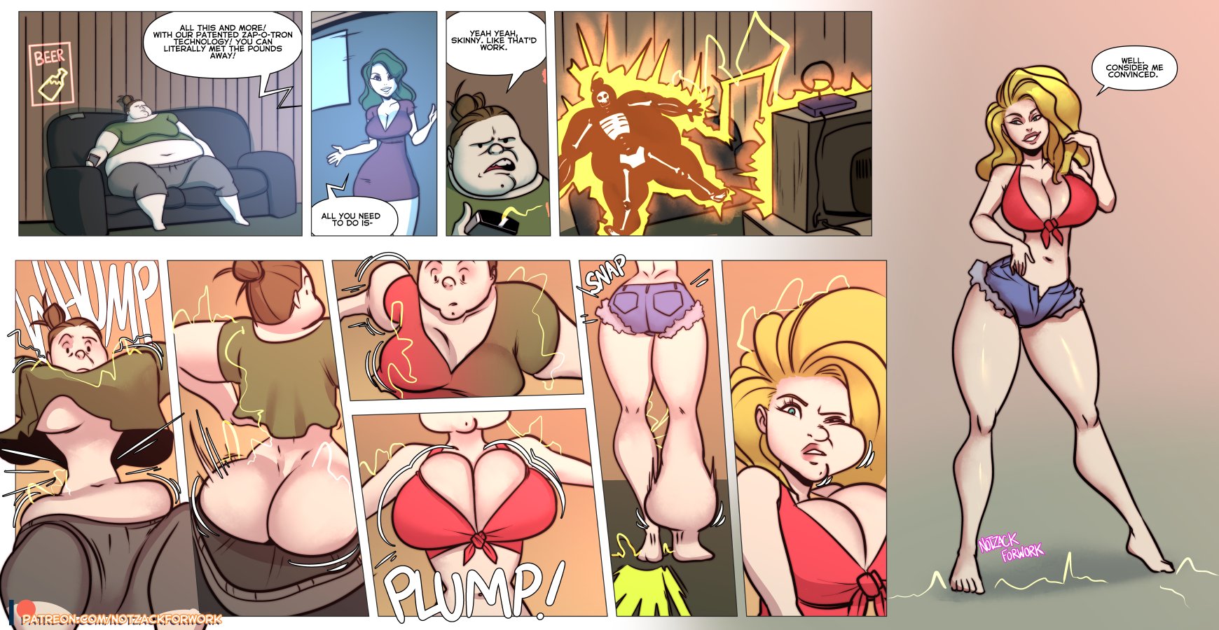 1girls, 2020, blonde, blonde hair, breast expansion, breast growth, breast growth (enlargement), breasts, brown hair, cleavage, comic, comic page, english, english text, female, female only, hair bun, huge breasts, long hair, notzackforwork, short shorts, shorts, solo, solo female, transformation, transformation sequence, weight loss, wide hips