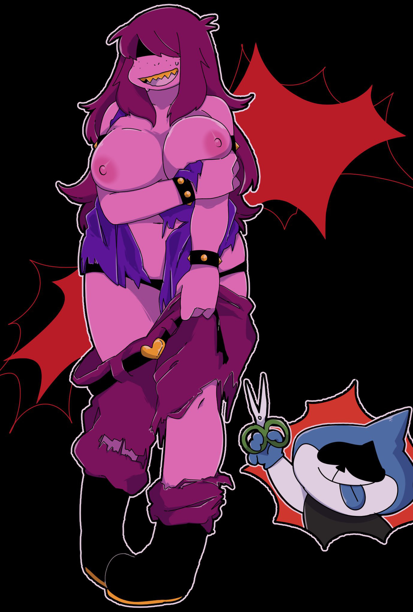 2019, accidental exposure, anthro, assisted exposure, big breasts, black panties, breasts, clothing, deltarune, duo, edit, fangs, female, hair, hi res, lancer (deltarune), nipples, open mouth, panties, partially clothed, purple body, purple hair, purple skin, scalie, simple background, susie (deltarune), tongue, tongue out, torn clothing, underchikichan, video games