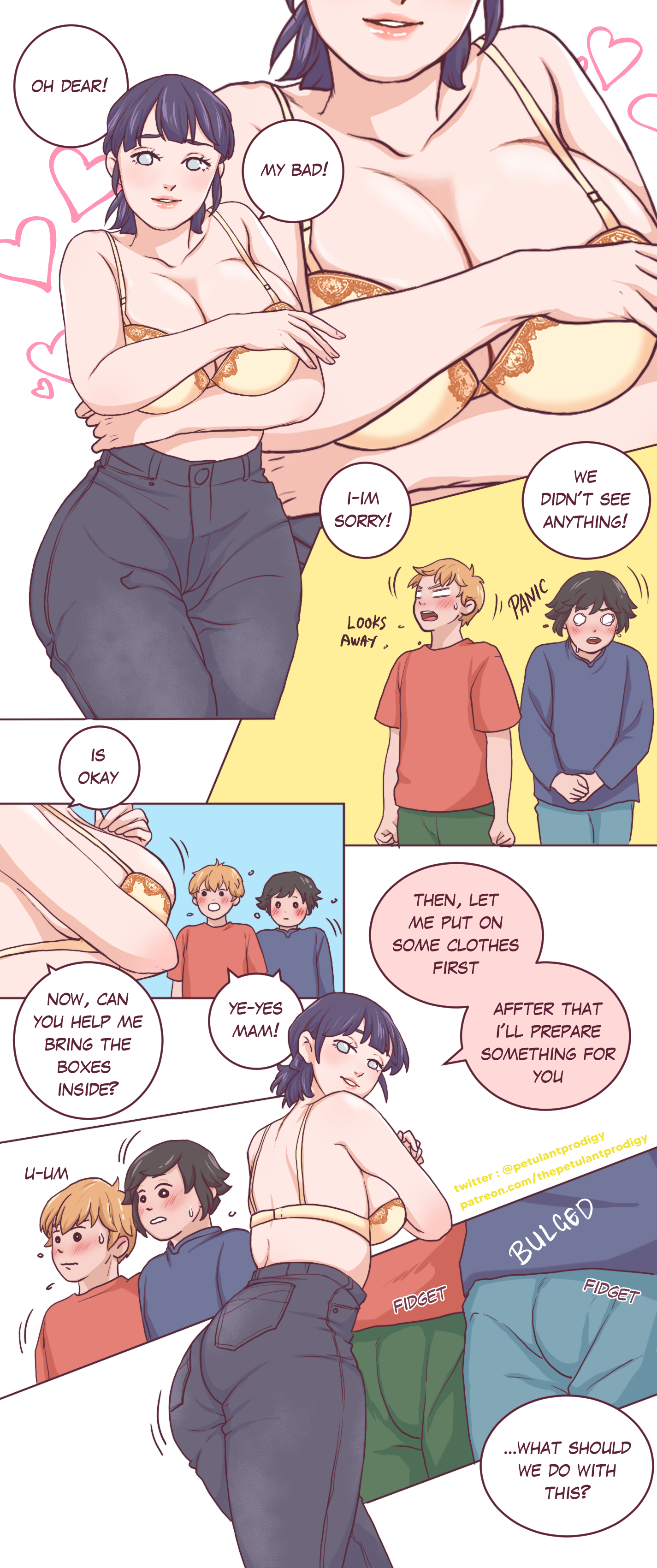 1girls, 2boys, age difference, ass, behind view, big breasts, black hair, blonde hair, blush, boruto: naruto next generations, bra, breasts, bulge, busty, cleavage, cleavage cutout, clothed, clothing, comic, covering breasts, dialogue, english text, erection, female, height difference, holding breast, hourglass figure, human, hyuuga hinata, jeans, lace-trimmed bra, large breasts, lipstick, looking at viewer, male, mature, mature female, milf, multiple boys, multiple males, naruto, naruto (series), nervous, netorare, ntr, older female, older female and younger male, original character, original characters, pants, petulantprodigy, pink lips, pink lipstick, pose, posing, purple hair, revealing clothes, seductive, seductive look, seductive smile, short hair, sideboob, size difference, speech bubble, standing, story, straight, sweat, sweatdrop, text, thick thighs, thighs, uzumaki hinata, voluptuous, white eyes, wide hips, yellow bra, younger male
