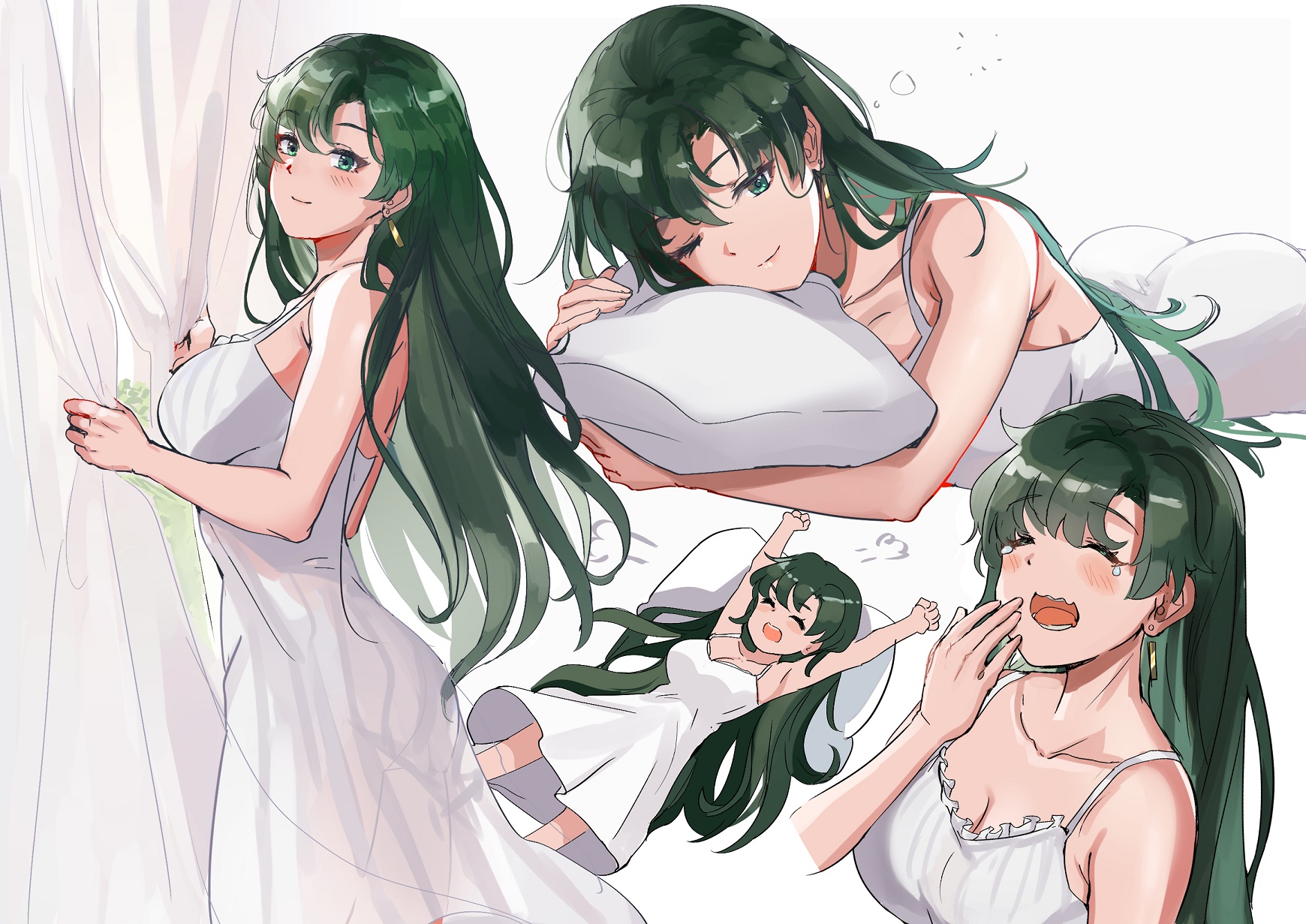 1girls, ass, breasts, dress, female, fire emblem, fire emblem: the blazing blade, green hair, lyn (fire emblem), lyndis (fire emblem), morning, nightgown, nintendo, ormille, solo, tagme, white dress