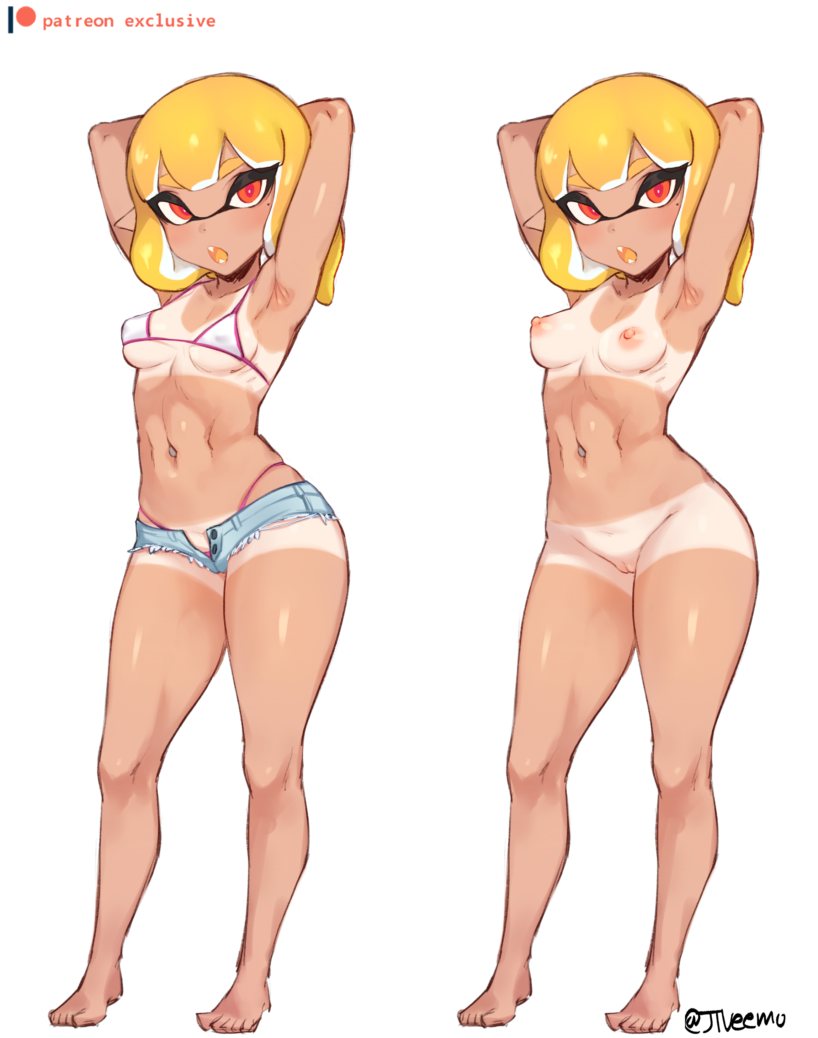 1girls, agent 4 (splatoon), armpits, arms behind head, barefoot, belly, belly button, bikini, blonde hair, breasts, edit, edited, feet, female, female only, full body, hairless pussy, hi res, high resolution, highleg bikini, highleg swimsuit, highres, inkling, jtveemo, linea alba, multicolored hair, naked, navel, navel piercing, nintendo, nipples, nude, nude female, piercing, pseudo hair, pussy, short hair, slim waist, small breasts, solo, splatoon, splatoon 2, standing, string bikini, swimsuit, tan skin, tanline, tanlines, thick thighs, two-tone hair, wide hips