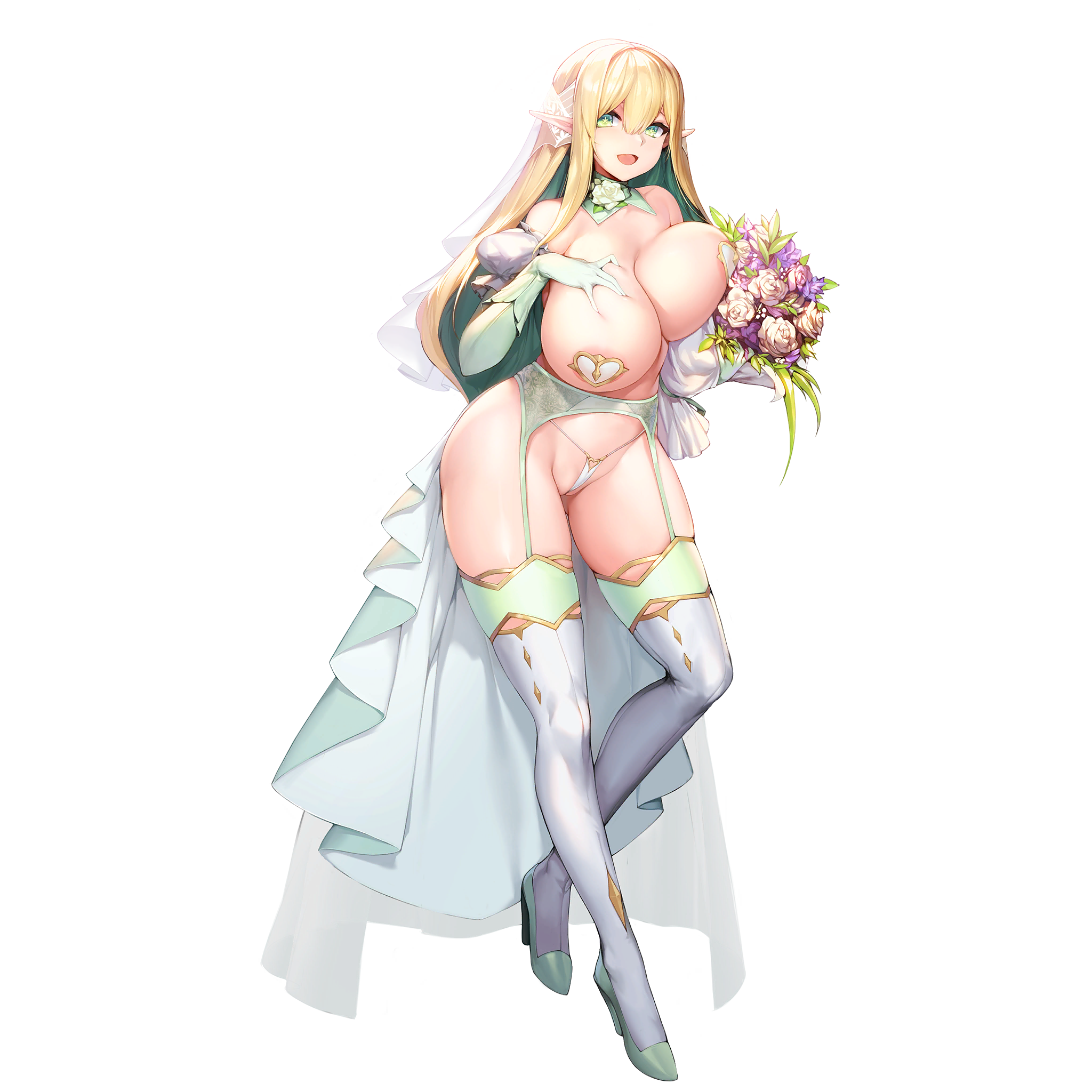 bouquet, breasts, detached collar, elbow gloves, elf, elven forest maker, female, flower, garter belt, gloves, green eyes, green gloves, hair between eyes, heart pasties, high heels, highleg, highleg panties, huge breasts, last origin, micro panties, pasties, pointy ears, sidelocks, striped panties, symbol-shaped pupils, thighhighs, underwear, veil